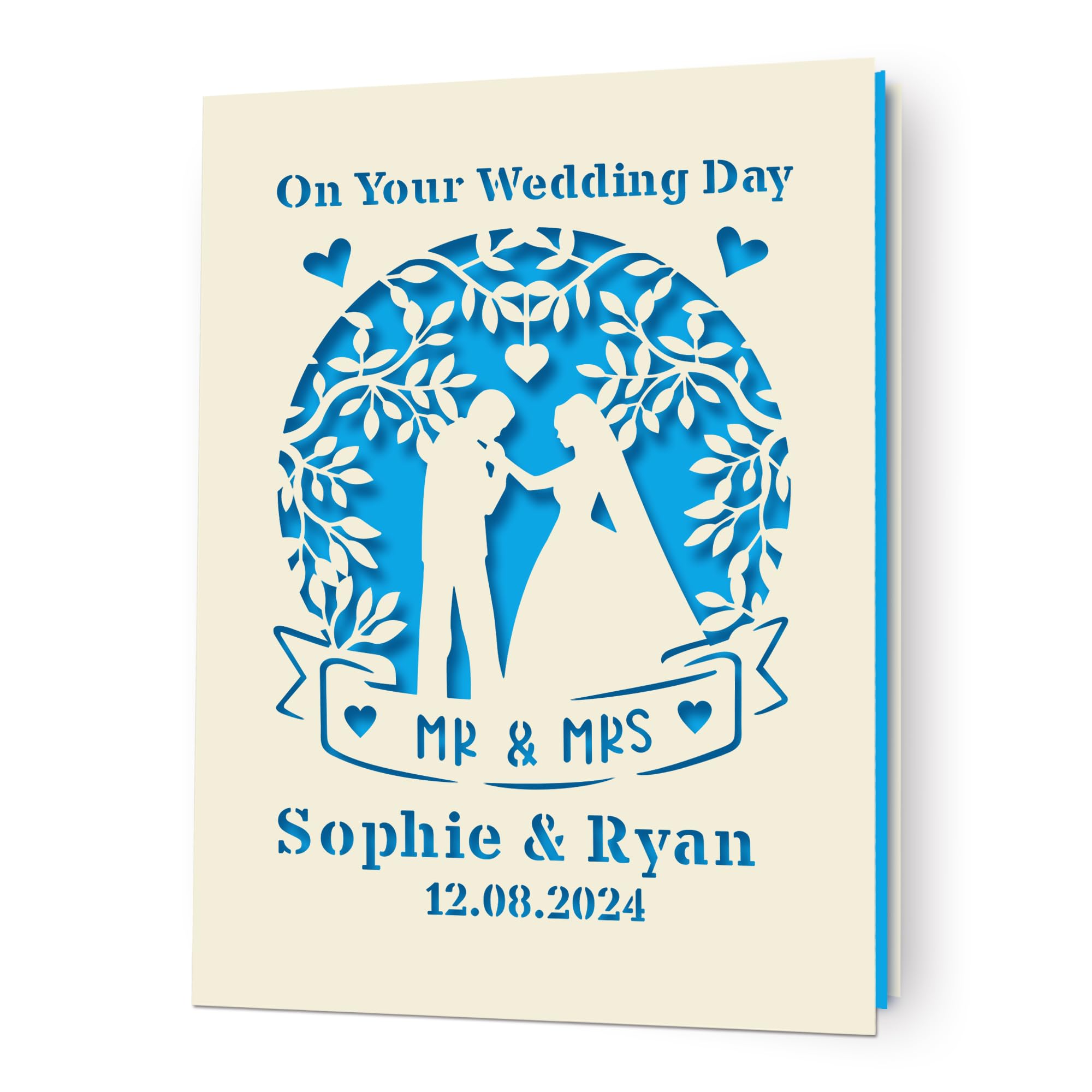 Personalised Wedding Card Gifts Mr and Mrs Gifts Laser Paper Cut Cards with Any Name & Date Congratulations Wedding Day Greeting Cards for Him Her Bride Groom Wife Husband New Couple(Blue)