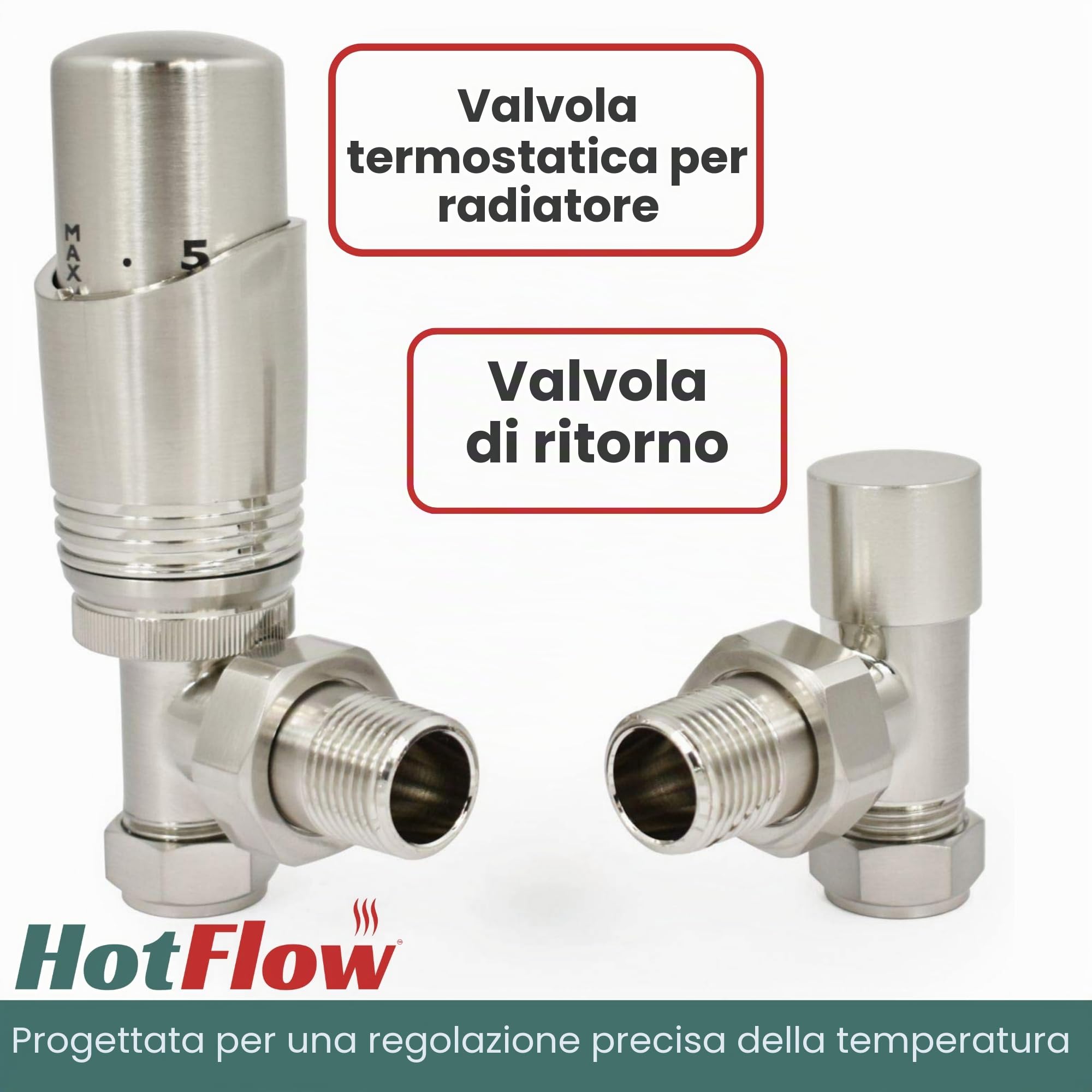 Valvola termostatica per termosifone TRV moderna ad angolo in nichel satinato (coppia) Include corpo TRV ad angolo e un blocco di sicurezza per un controllo rapido e facile della