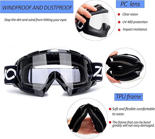 Miniatura 5 de Gafas de motocross, paquete de 2 gafas ATV para motocross, todoterreno, motocicletas, carreras MX UTV