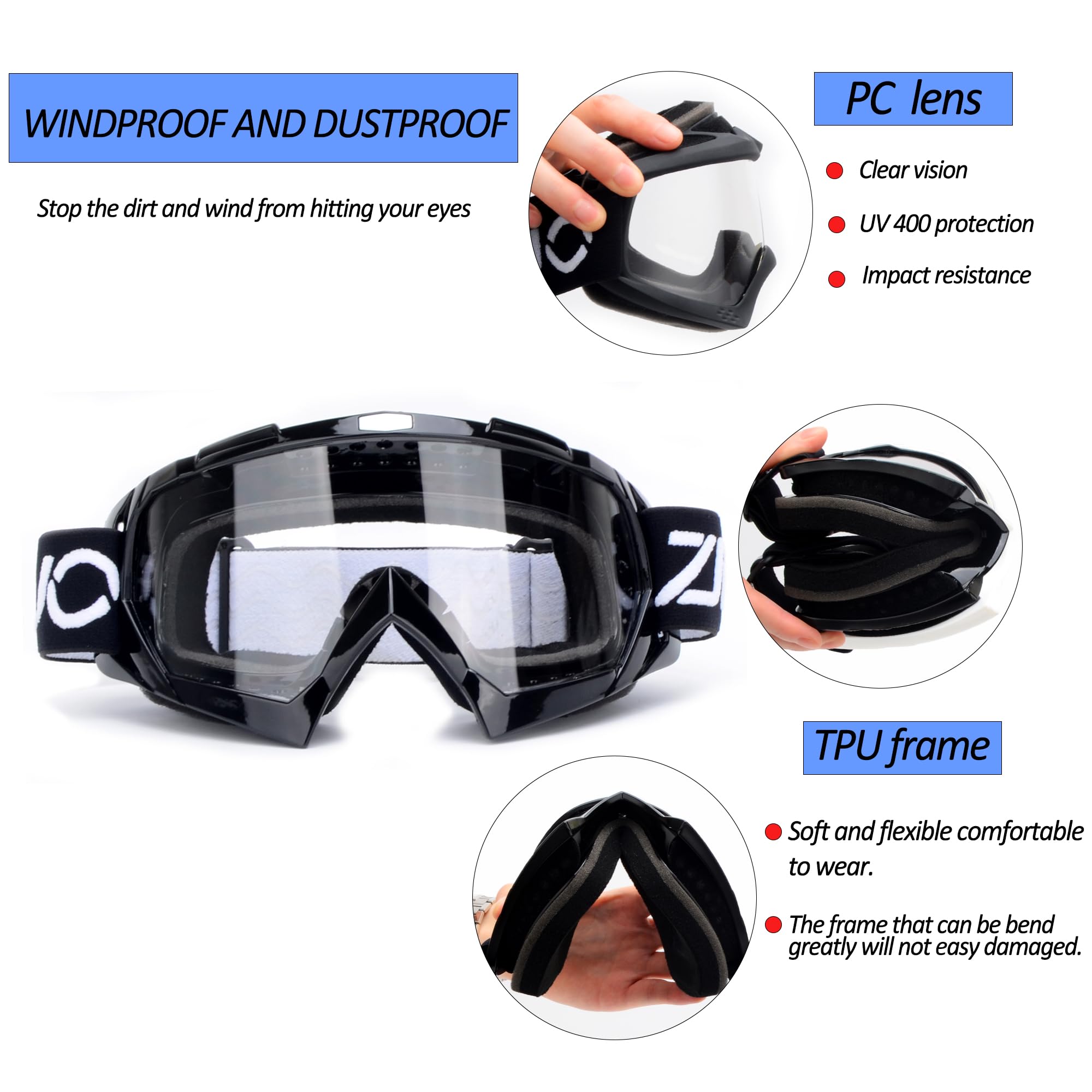 Confezione da 2 Occhiali ATV Dirt Bike Motocross Off Road Occhiali da Guida Moto Racing MX UTV Occhiali