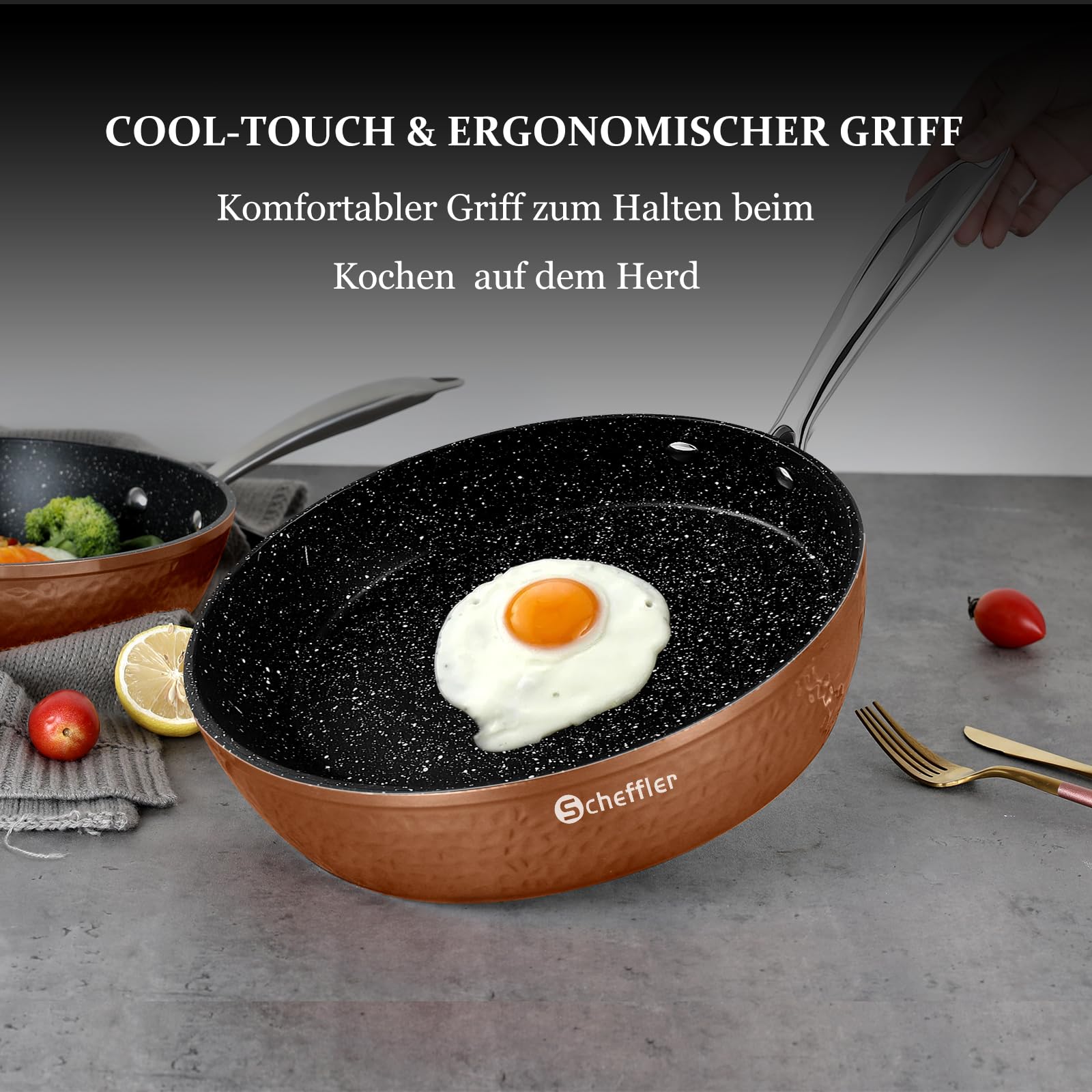Topfset, Scheffler Topfset Induktion 15-teilig, Töpfe und Pfannen | Geprägtes/strukturiertes Muster Töpfe mit Glasdeckel, Induktionsgeeignet, Edelstahl Griff-Copper