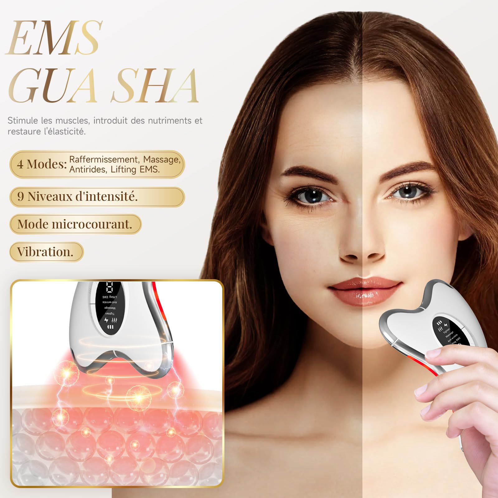 Profey Gua Sha EMS - Appareil de Massage Visage avec Chaleur 45℃, Vibration, Lifting EMS 9 Niveaux, 4 Modes, LED Bleu/Jaune/Rouge - Anti-Vieillissement et Anti-Rides