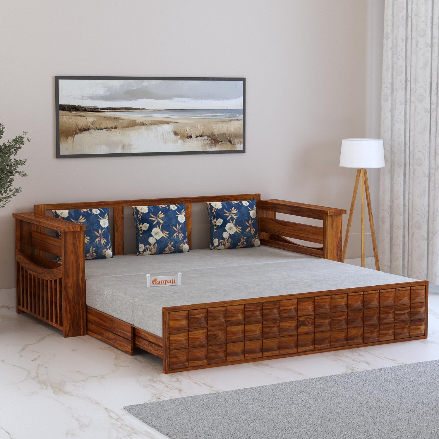 Ganpati Arts Sheesham Wood Diamond 3 Seater Sofa Cum Bed with Side Pocket for Living Room, Bed Room Wooden Bedroom Furniture for Home (Natural Finish) - Brown 1 Year Warranty