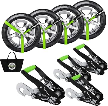 Car Tie Downs Straps for Trailers with Snap Hooks 4pk - Reflective 2"x120" Car Hauler Straps - Heavy Duty Tire Straps - Lasso Style -10,000lb Break Strength Car Straps for Trailer, UTVs, ATVs