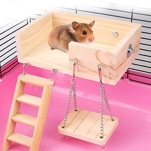 Miniatura 7 de kathson Juego de juguetes de hámster con plataforma, escalera, columpio, 5 piezas de madera para escalar, accesorios para jerbos, hámsters enanos,