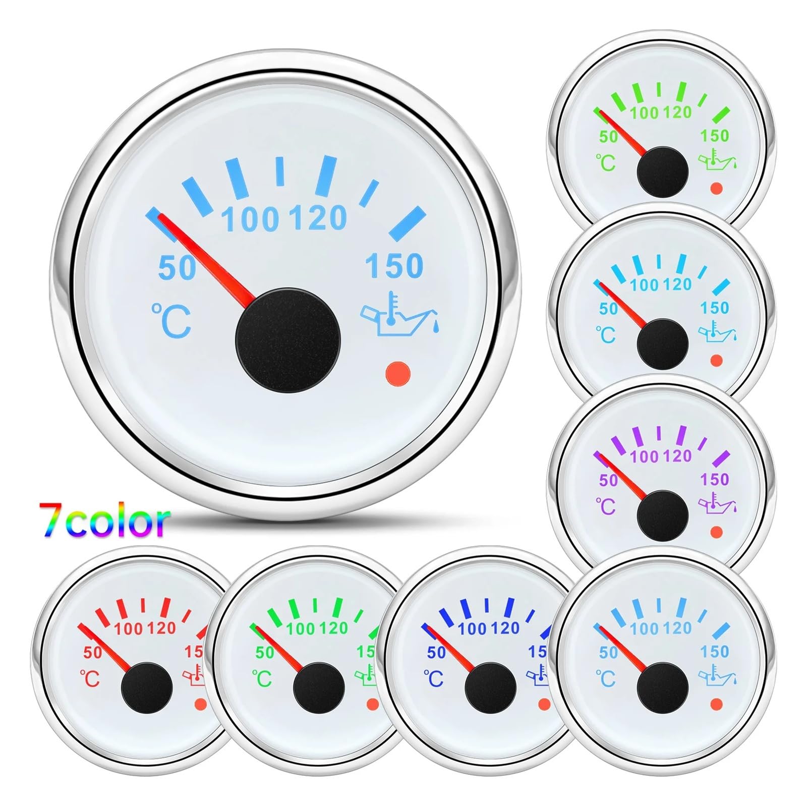 7-Farben-Licht-Öltemperaturanzeige mit blinkendem Alarm, LED 52 mm Öltemperaturmesser + Sensor 1/8 NPT for Auto, Boot Klares Lesen(White silver)