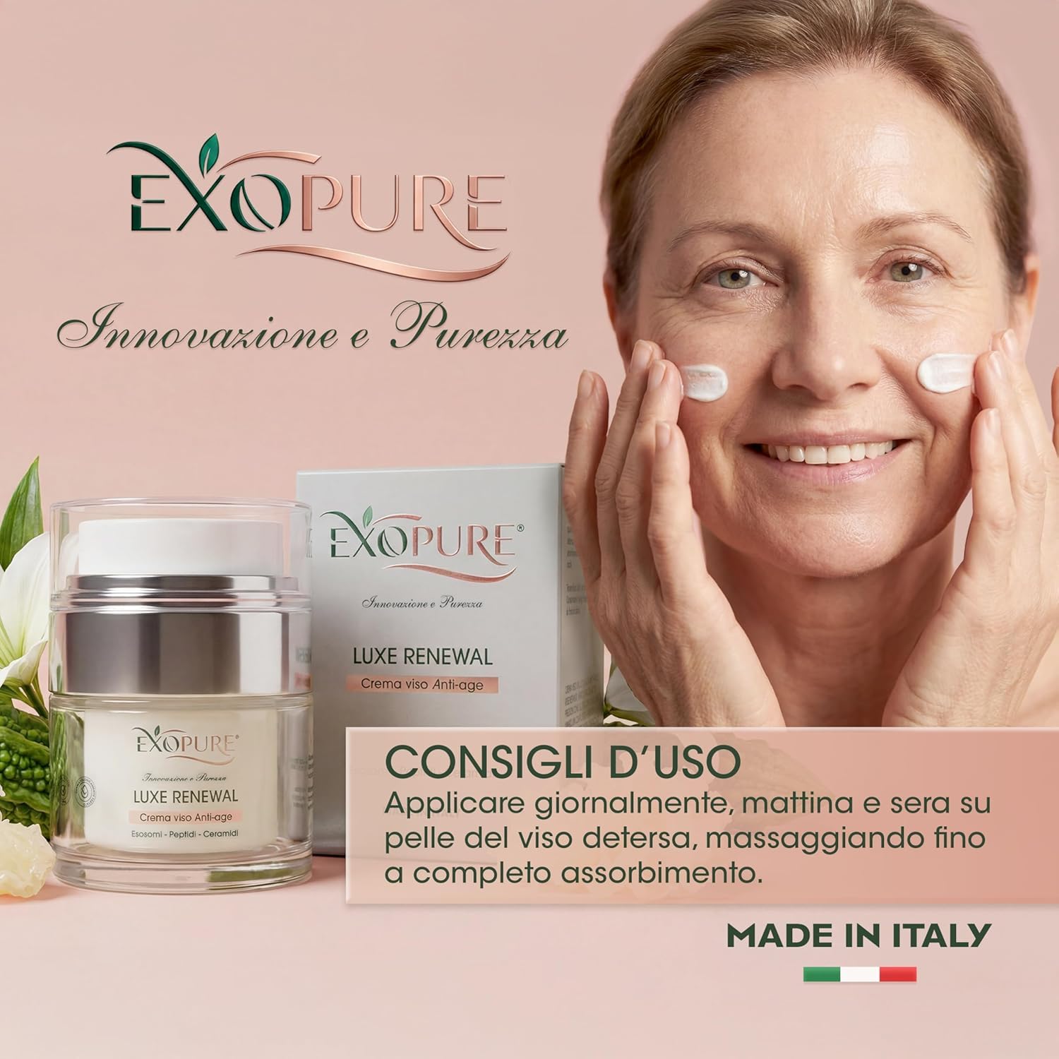 EXOPURE 50ml Crema Viso Antirughe Avanzata con ESOSOMI, Peptidi e Ceramidi | Crema Idratante Viso Innovativa, Rimpolpante, Skincare 100% MADE IN ITALY, Crema Viso Uomo & Donna - Effetto Radioso