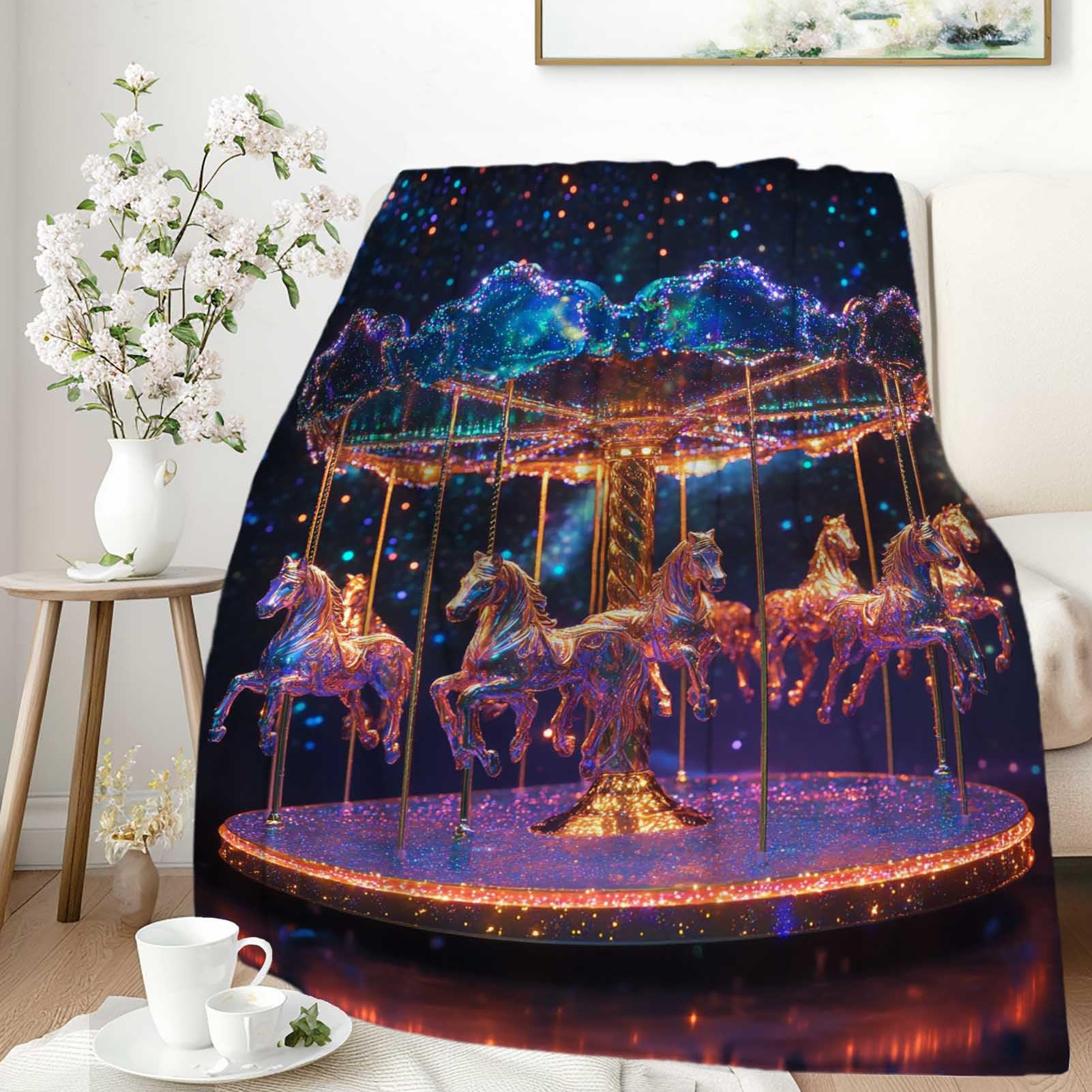 VronTaliy Galaxies Carousel Throw Blanket, Sparkling Horse Ride Design, Soft Lightweight Fleece Decorative Blanket for Kids and Adults, Multicolor