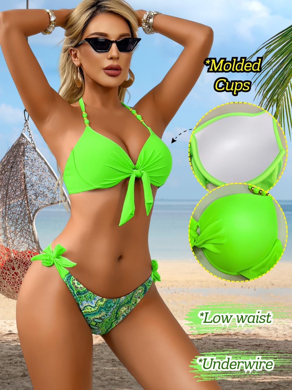 Sexy Push Up Bikini Sets for Women,Tie Halter Underwire Boho Swimsuit,2 Piece Cheeky Bathing Suit Beach Pool Party - Image 2
