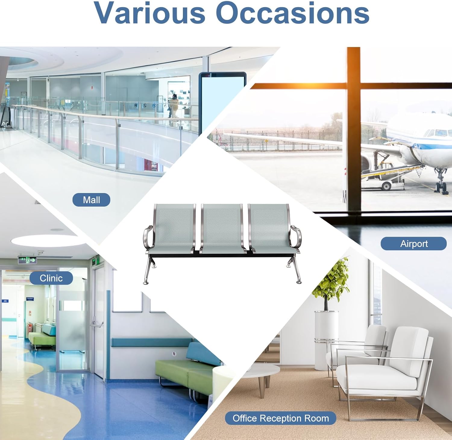 kinbor Waiting Room Chairs - 3 Seat Gray Office Guest Reception Chairs, Waiting Room Bench for Clinic, Lobby Furniture for Hospital, Salon, Bank, Airport