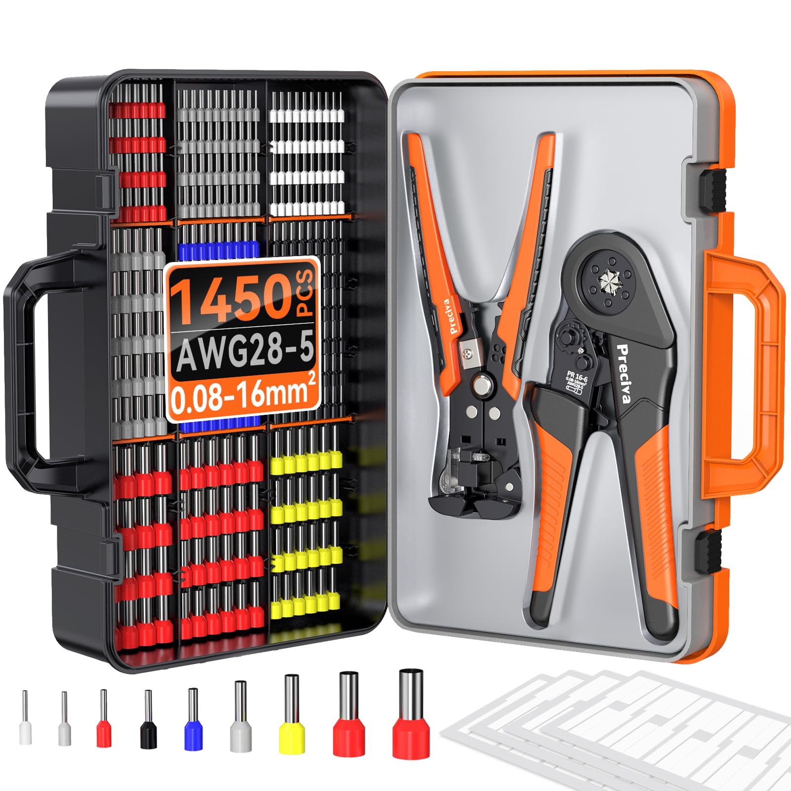 Preciva Crimpadora Terminales con 1450 Punteras Huecas y Pelacables, Alicates Crimpadora Ferrules 0,08-16 mm² Autoajustable con Carraca, Kit Terminales Electricos para Cables
