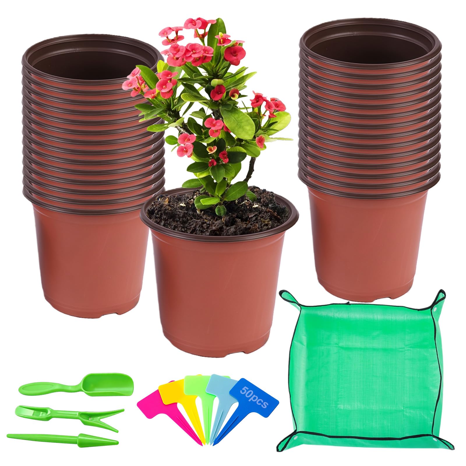 ANBET 50 Pcs 4.72" (12CM) Plastic Plant Pots with Drainage Holes, Small Seedling Pots Succulent Plant Pot & 50 Pcs Plants Labels 3pcs Plant Tool Set Green Repotting Mat 26" X 26" Indoor Outdoor