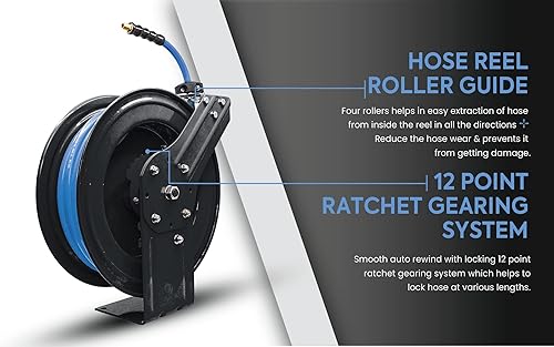 Miniatura 5 de BLUBIRD BBR1250 20ga. Carrete de manguera retráctil con manguera de aire de 12 "x 50', engranaje de trinquete de 12 puntos, goma de última
