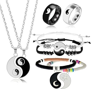 8Pcs Best Friend Tai Chi Yin Yang Necklace Bracelet Stainless Steel Rings Set BFF Friendship Moon Star Adjustable Cord Him and Her Jewelry Gift