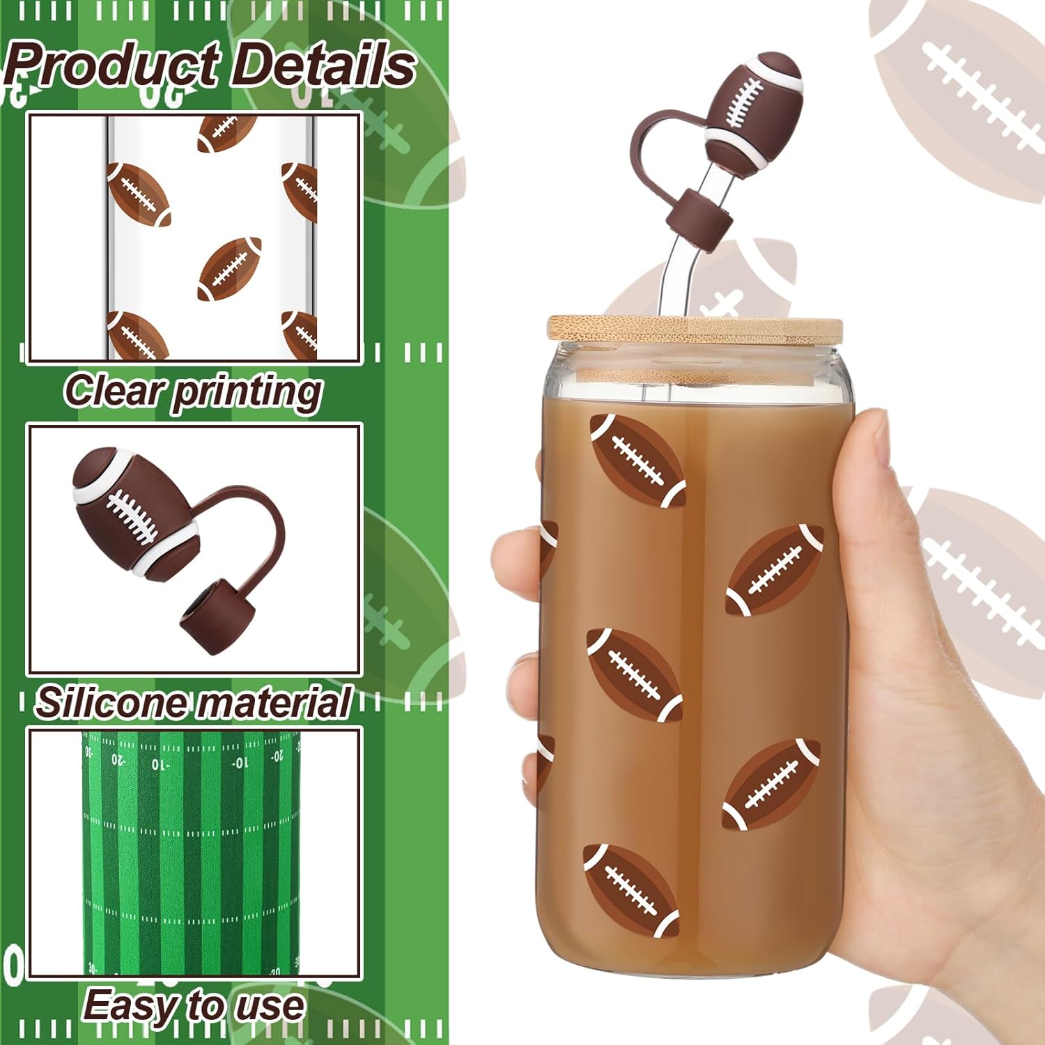 Football Lover Gifts, 16 oz Glass Iced Coffee Cup with Straw Stopper and Mug Sleeve, Football Glasses Cup Gifts Box for Women Man Sport Lovers - Image 3