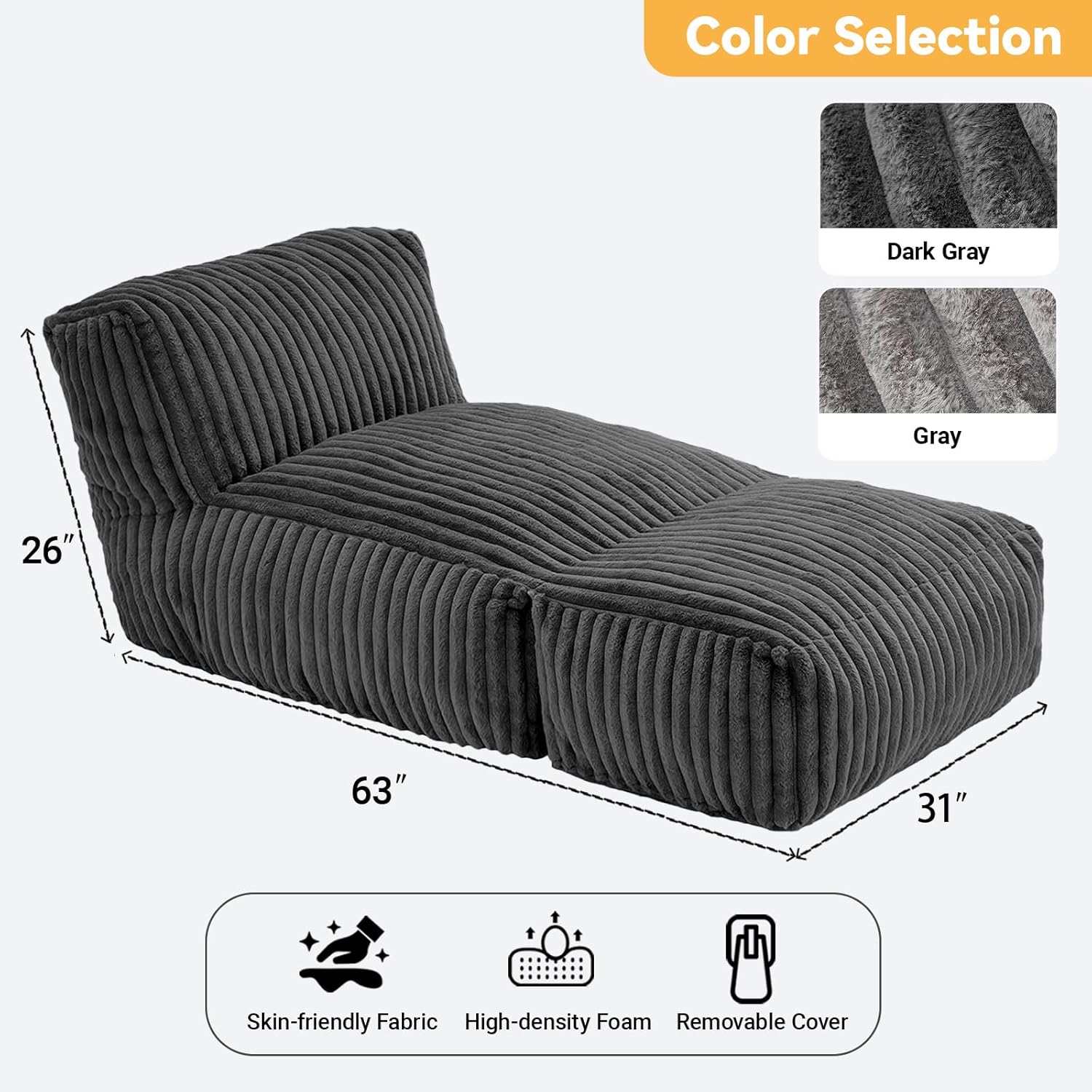 63" Boneless Chaise Lounge Indoor, Bean Bag Chairs with Ottoman for Adults, Adults Bean Bag Sofa with Memory Foam Filled, Modular Floor Chaise Lounge for Living Room, Bedroom (Dark Grey)