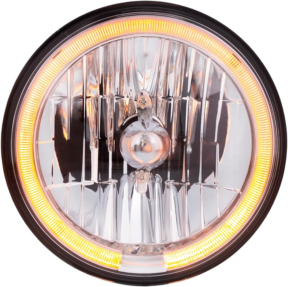 United Pacific 31284 ULTRALIT 7” Crystal Glass Headlight w/Amber LED Halo Ring, Glass Construction, Reinforced, 12V, 65/55W 9007 Blub – ONE Headlight