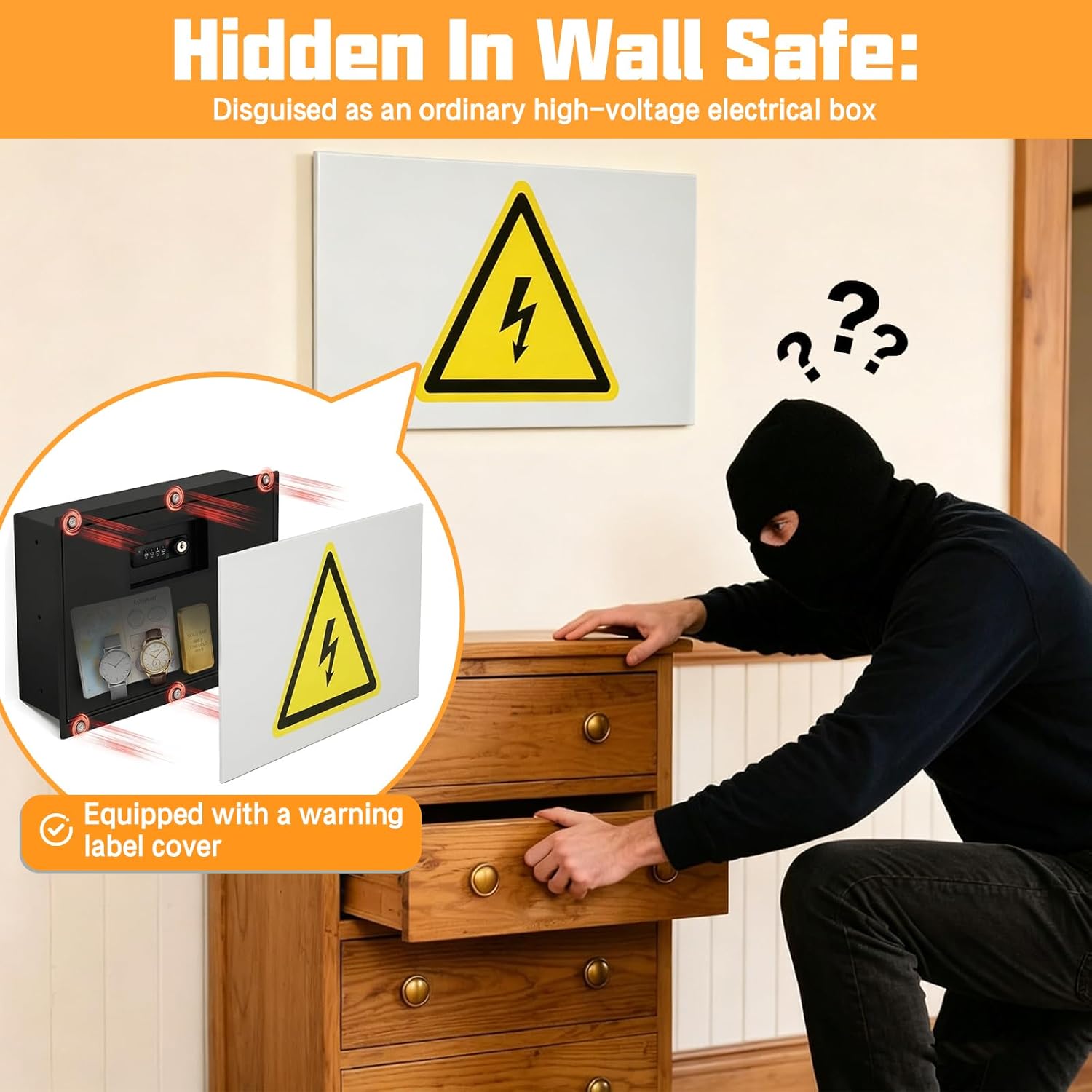 Hidden In Wall Safe with Magnetic Vent Cover & High Voltage Warning Label, Recessed Wall Safe Between 16" Studs, Combination Lock & Key, Concealed Wall Safe for Cash, Jewelry and Valuables