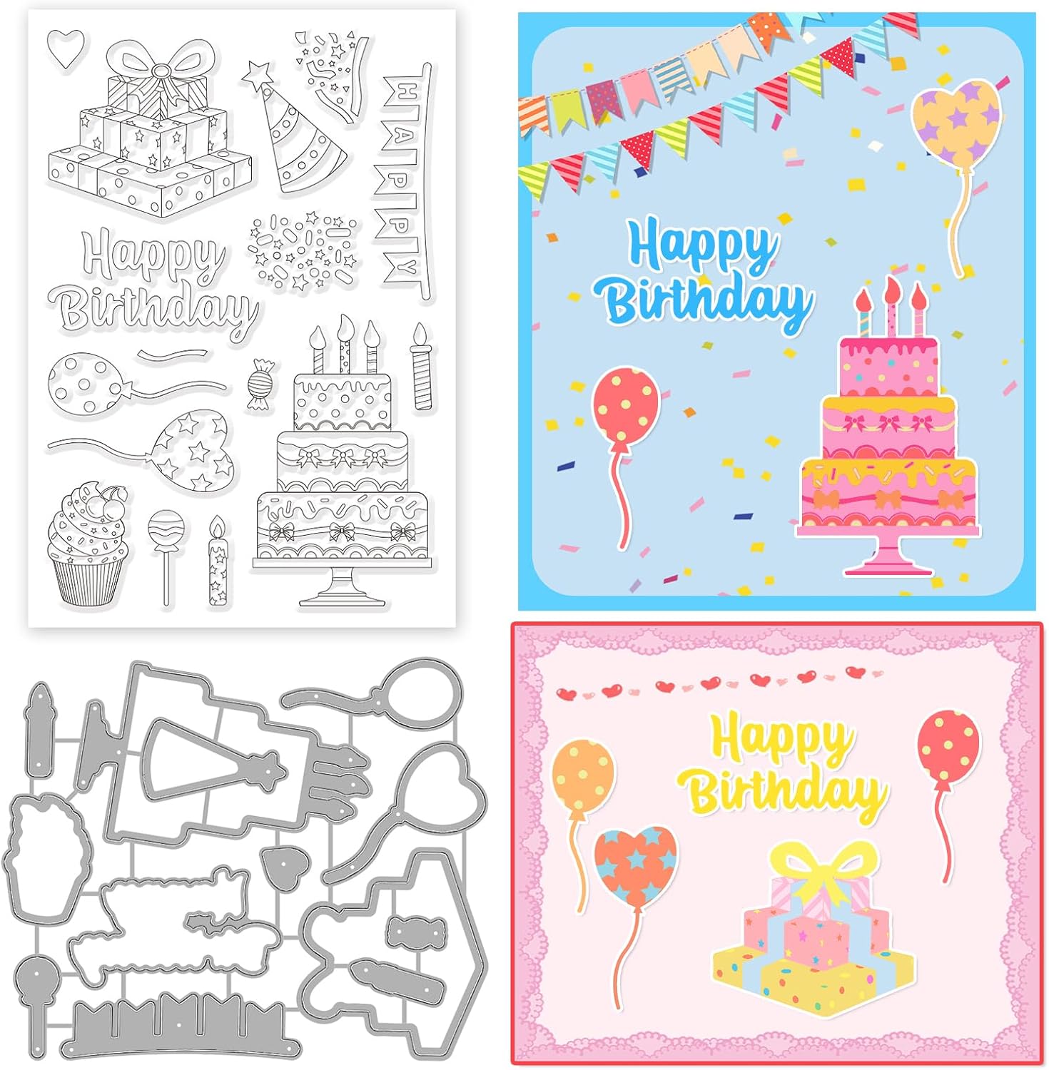 INFUNLY Happy Birthday Clear Stamps and Dies Balloons Stamp Cakes Stamp Love
