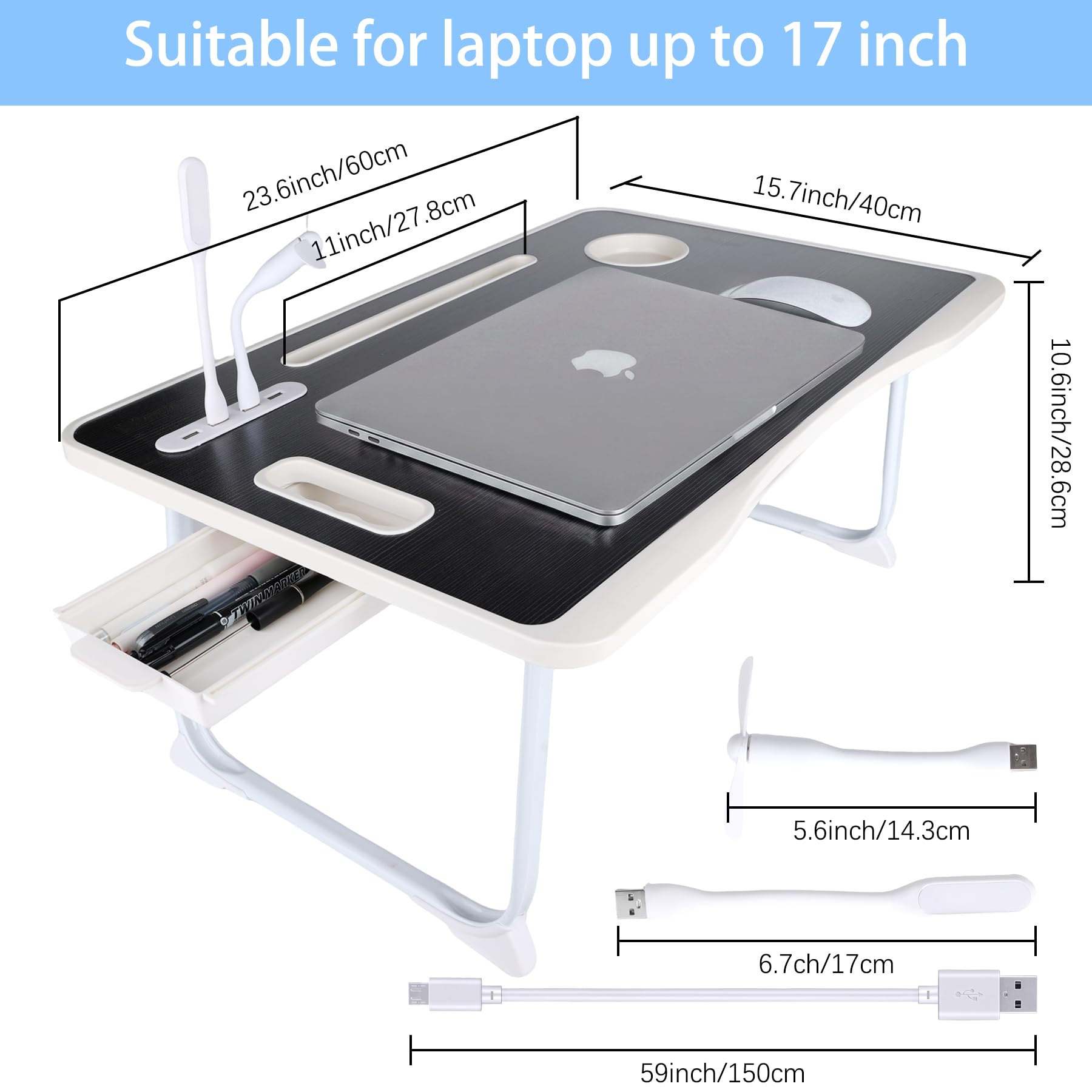 Mesa de cama para laptop, mesa de cama plegable portátil con puertos USB, cajón lateral, tarjeta de escritorio y asa, bandeja portátil para comer, trabajar, estudiar y leer