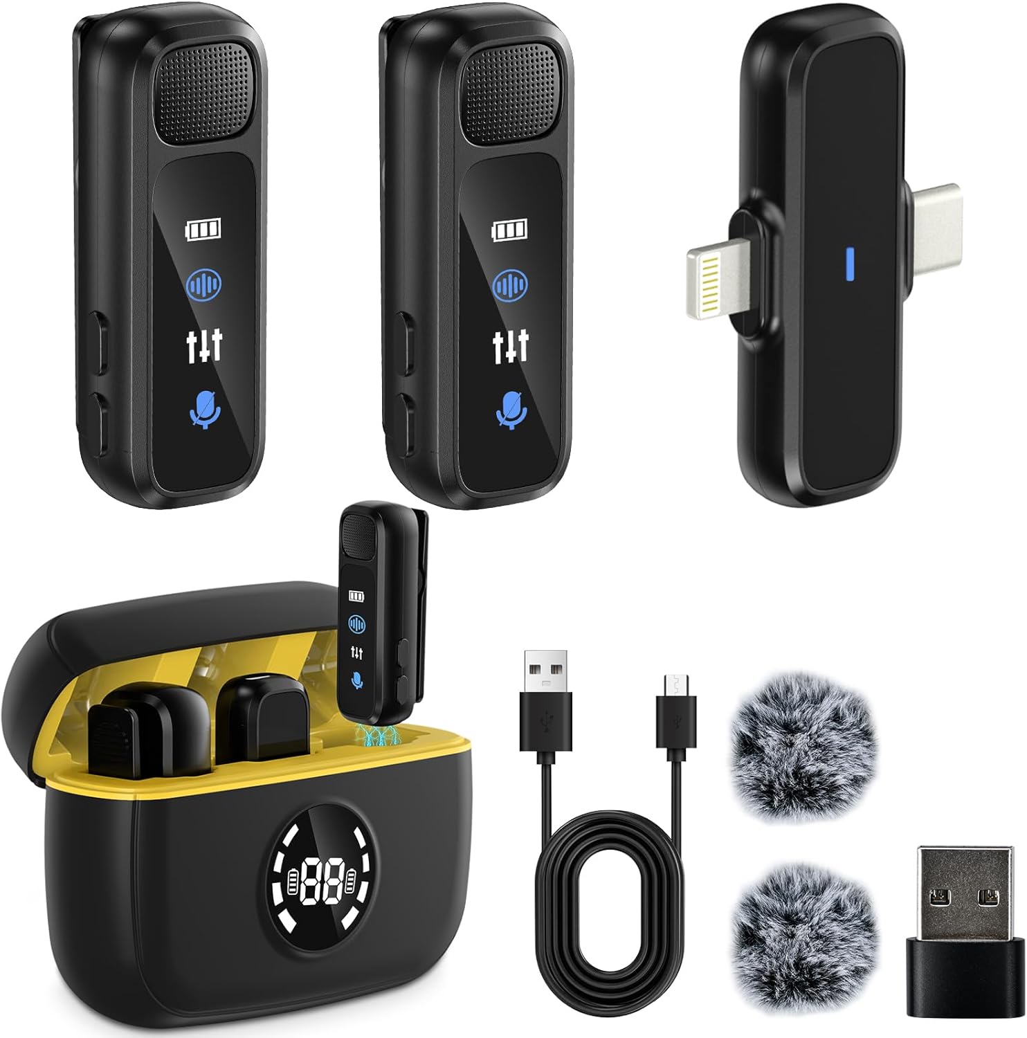 3 in 1 Wireless Lavalier Microphone for Android/Tablets/PC Intelligent Noise Cancelling with Charging Case Dual Microphones 20 H Battery Life, Mini Microphone for Video Recording Podcast-Black