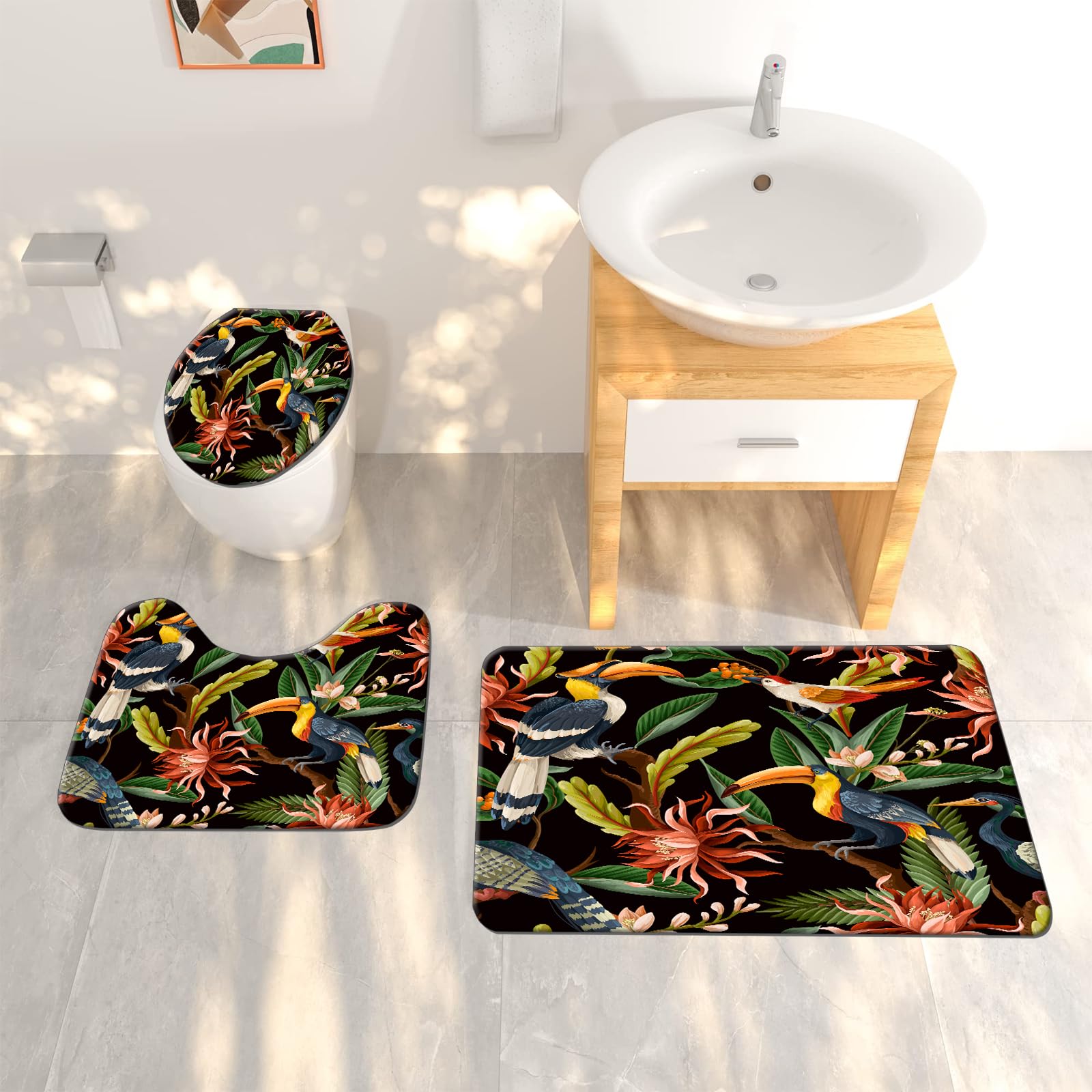 Vogel-Dusche, tropische Blätter, Badezimmer-Set, Zubehör mit rutschfestem Teppich, WC-Deckelbezug, Badematte, 12 Haken, 182,9 x 182,9 cm, Vögel und Blumen, wasserdichte Vorhänge, Heimdekoration,