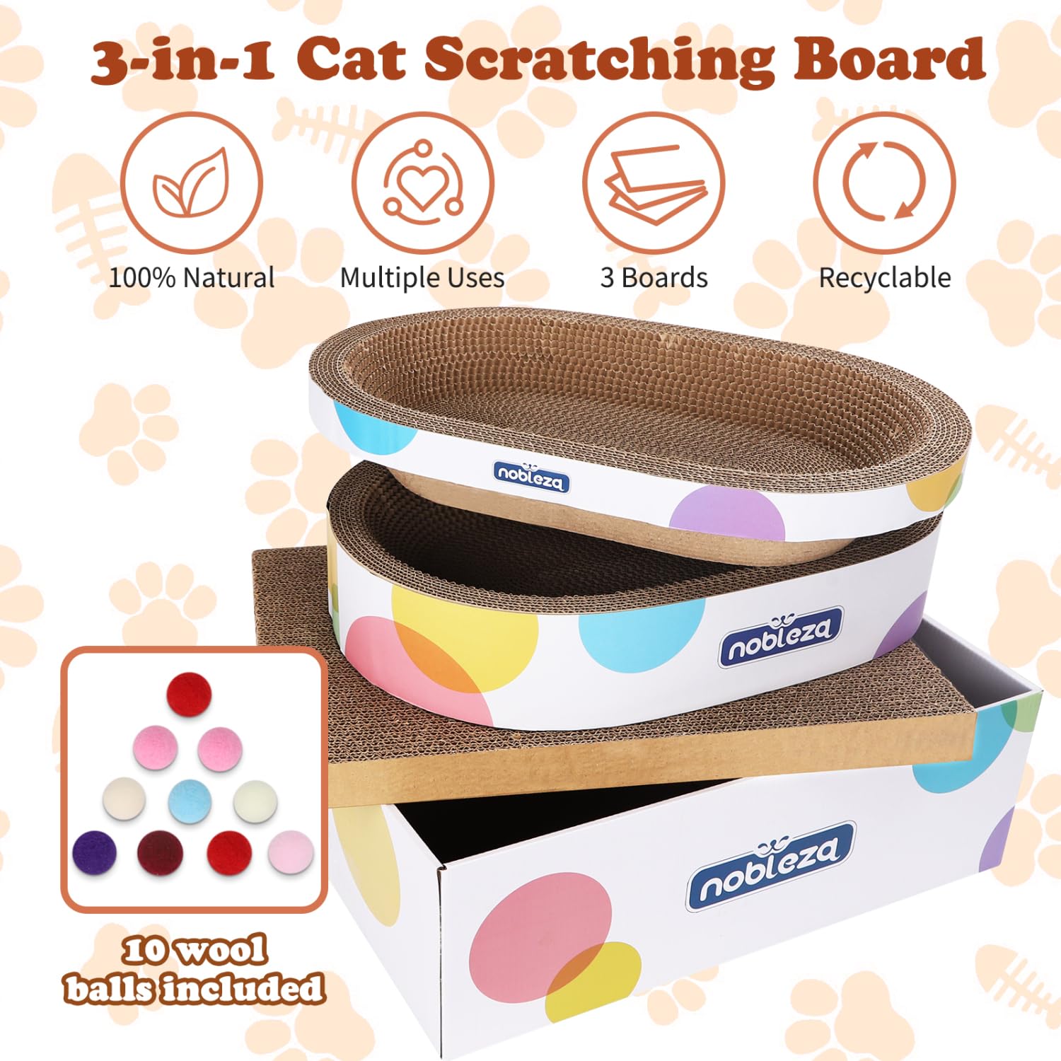 Nobleza 4-in-1 Kratzbrett für Katzen aus Wellpappe, Inklusive ovalem Kratzbett, flachem Kratzbrett, Karton, Spielzeugbällen und Katzenminze