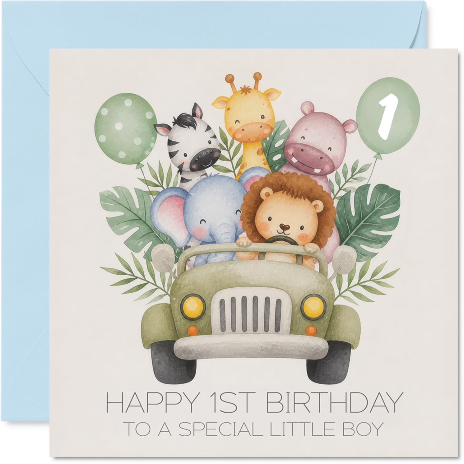 Playful 1st Birthday Card - Joyful Animal Parade - Cute Creatures, Balloons and Pastel Car Mark the Big Milestone - 145mm Square, Envelope Included