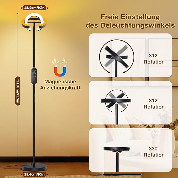 Rosnek 36W LED Floor Lamp, Super Bright, Living Room Standing Lamp, with Double Ring, 312 Degree Rotatable, 1900K-6500K, Dimmable, Remote & Touch Control, Tall Floor Lamp for Bedroom and photo 2