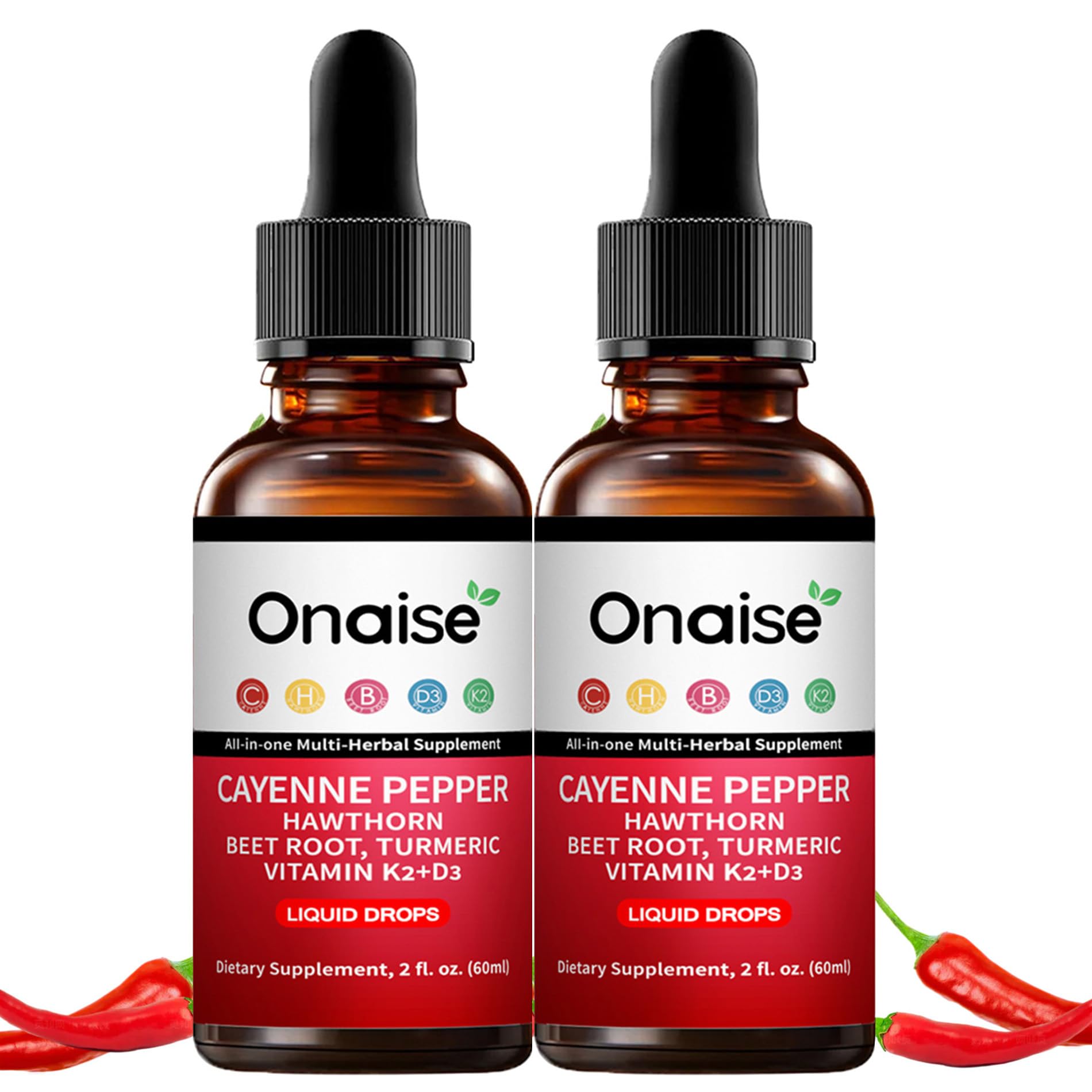 ONAise Suplemento fitoterápico líquido de pimenta-caiena, 2 frascos de 60 mL