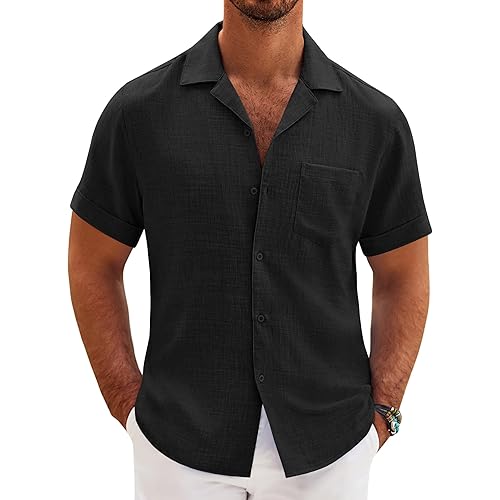 COOFANDY Mens Casual Short Sleeve Button Down Shirts Cuban Linen Textured Shirt Summer Beach Wear