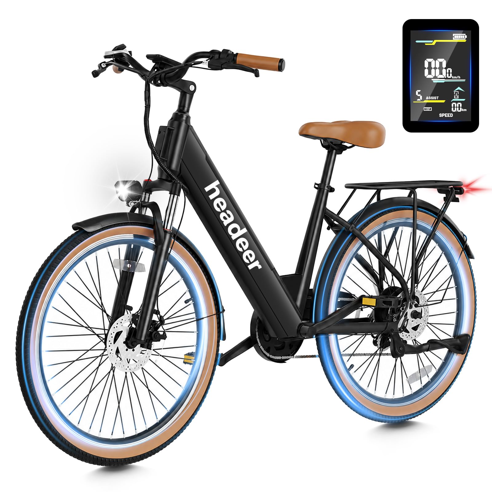 HEADEER BD26195 Bici Elettrica Per Adulti Da 26", Batteria Rimovibile 48V 11.5Ah, Autonomia 80KM (PAS), Bicicletta Elettrica Donna con 7 Velocità, Display a Colori & Forcella Ammortizzata con Blocco