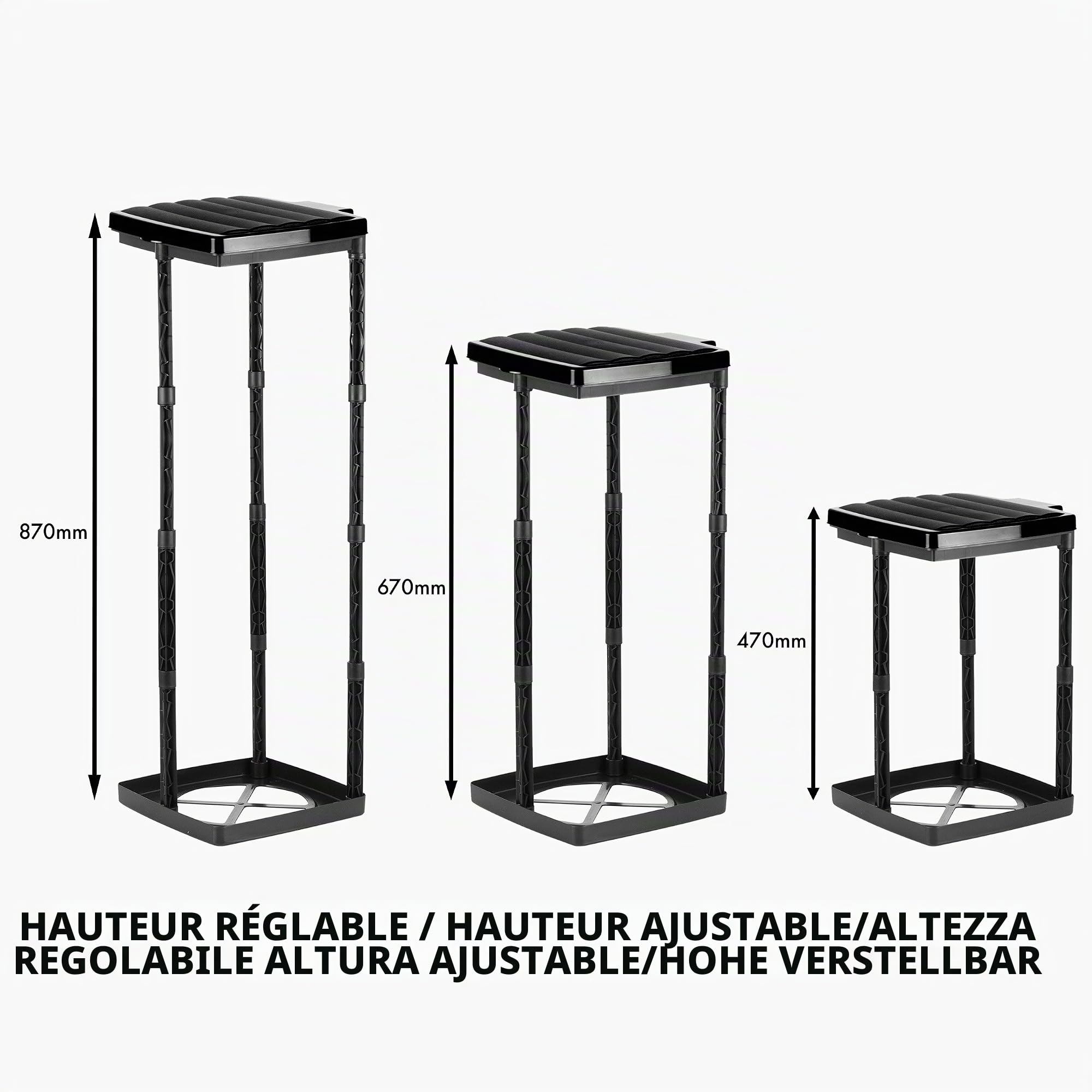 Grizzly Porte-sac, 3x porte sac poubelle avec couvercle noir, système enfichable réglable en hauteur avec anneau de serrage, pour sacs poubelles de différentes tailles de 25-120 litres