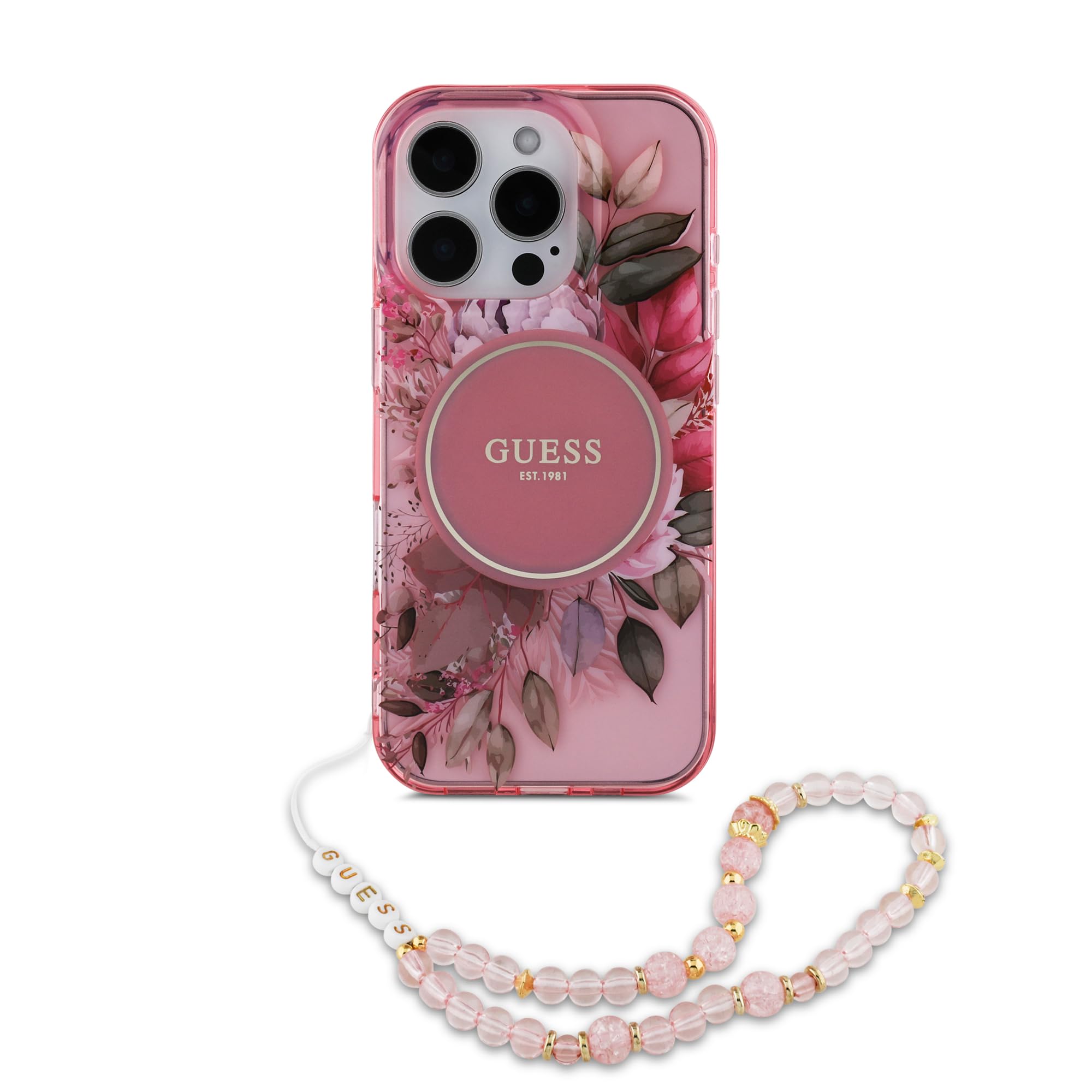 CG MOBILE Guess Compatible with iPhone 16 Pro Max IML Hard Case with Flower Design & Pearl Strap, Compatible with MagSafe, Easy Snap-On, Slim Design, Comfortable Grip, Drop Protection - Pink