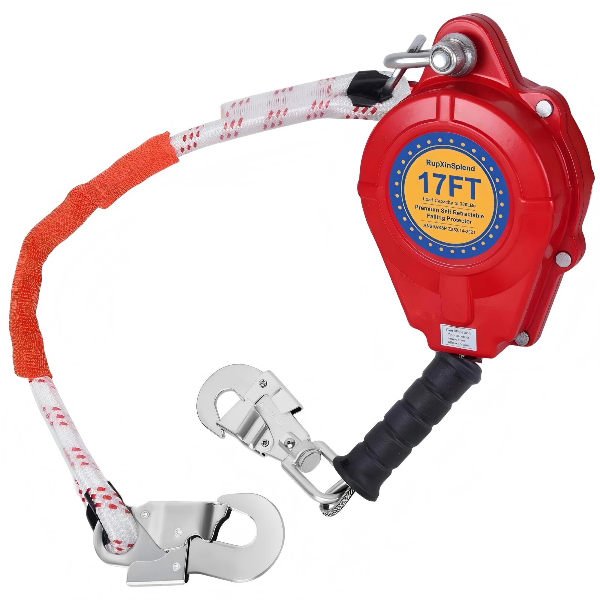 Premium Self Retractable Fall Arrester 17FT Fall Protection Lanyard, Alloy Steel Multi-Strand No-Tangle Safety Rope, Harness, Cable, Double Locking