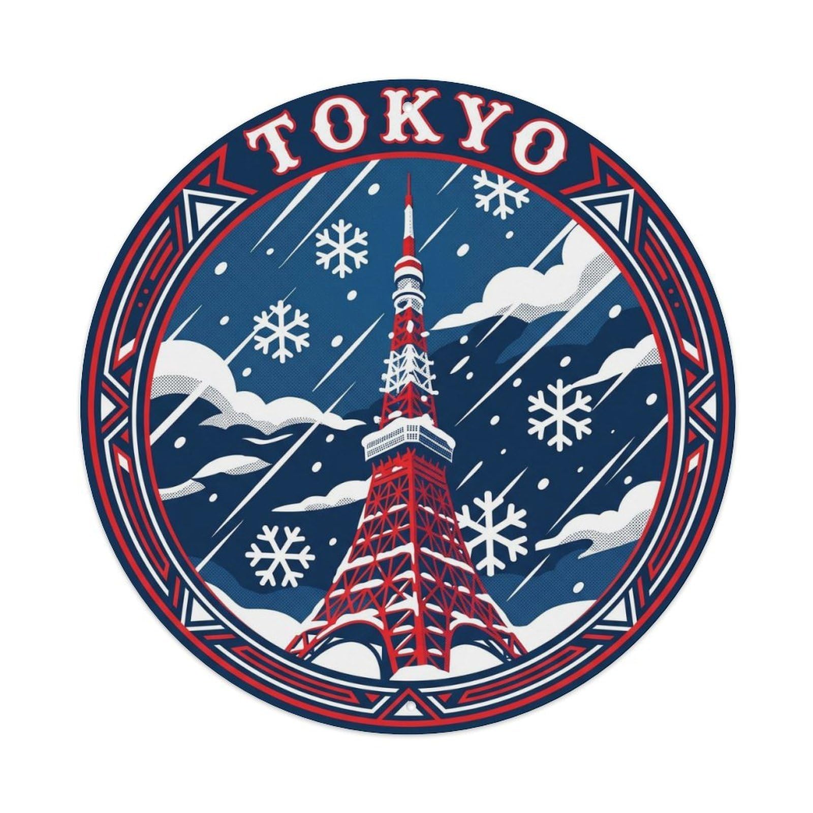 Olyhtr 8X8inch Classic Style Tokyo Tower Winter Snowfall City Travel Japan Navy Metal Tin Sign
