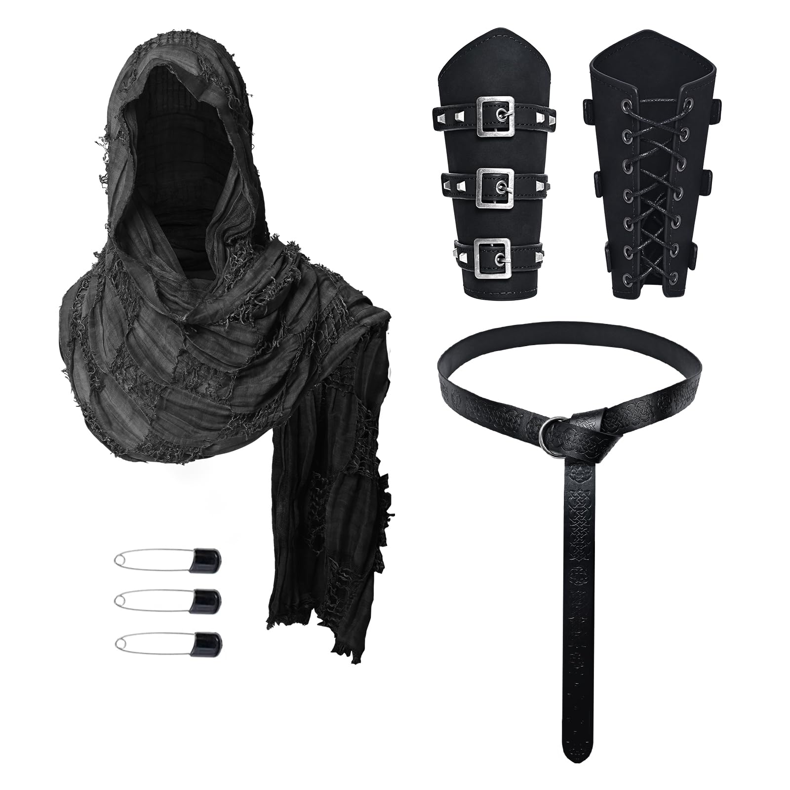 3PCS Medieval Knight Accessories Set - Renaissance Viking Style Cloak Scarf, Leather Belt, Buckle Straps | Vintage Cosplay Kit for Halloween & Role-Play (Black)