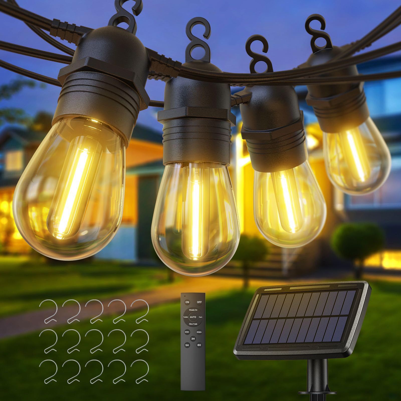 Quntis Guirnaldas Luces Exterior Solar con Control Remoto, 16M Regulable Cadena de Luces Exterior con 15+1 Led, IP65 Impermeable 4 Modos y Función de Temporizador para Gazebo Fiesta Terraza