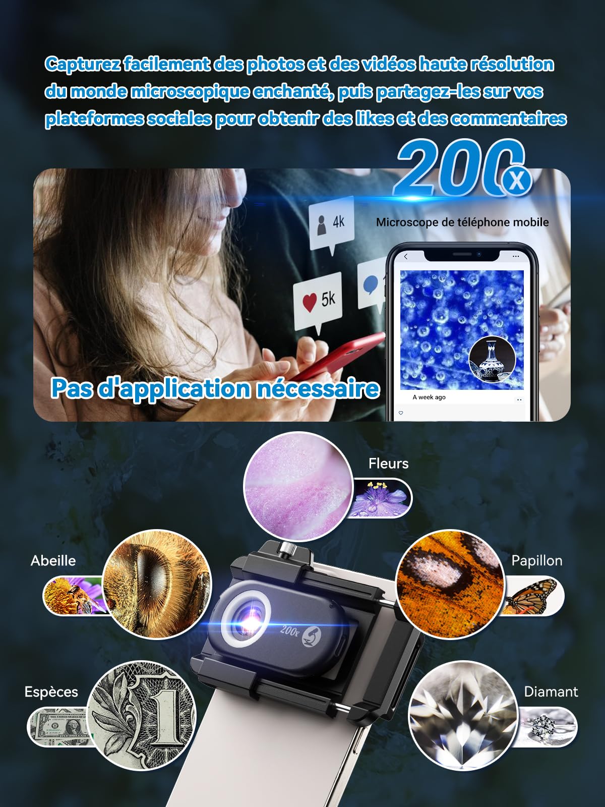 APEXEL 3in1 Microscope Telephone Portable,100-200X téléphone Microscope pour Smartphone,Explorez Le Monde microscopique avec Le pour Smartphone