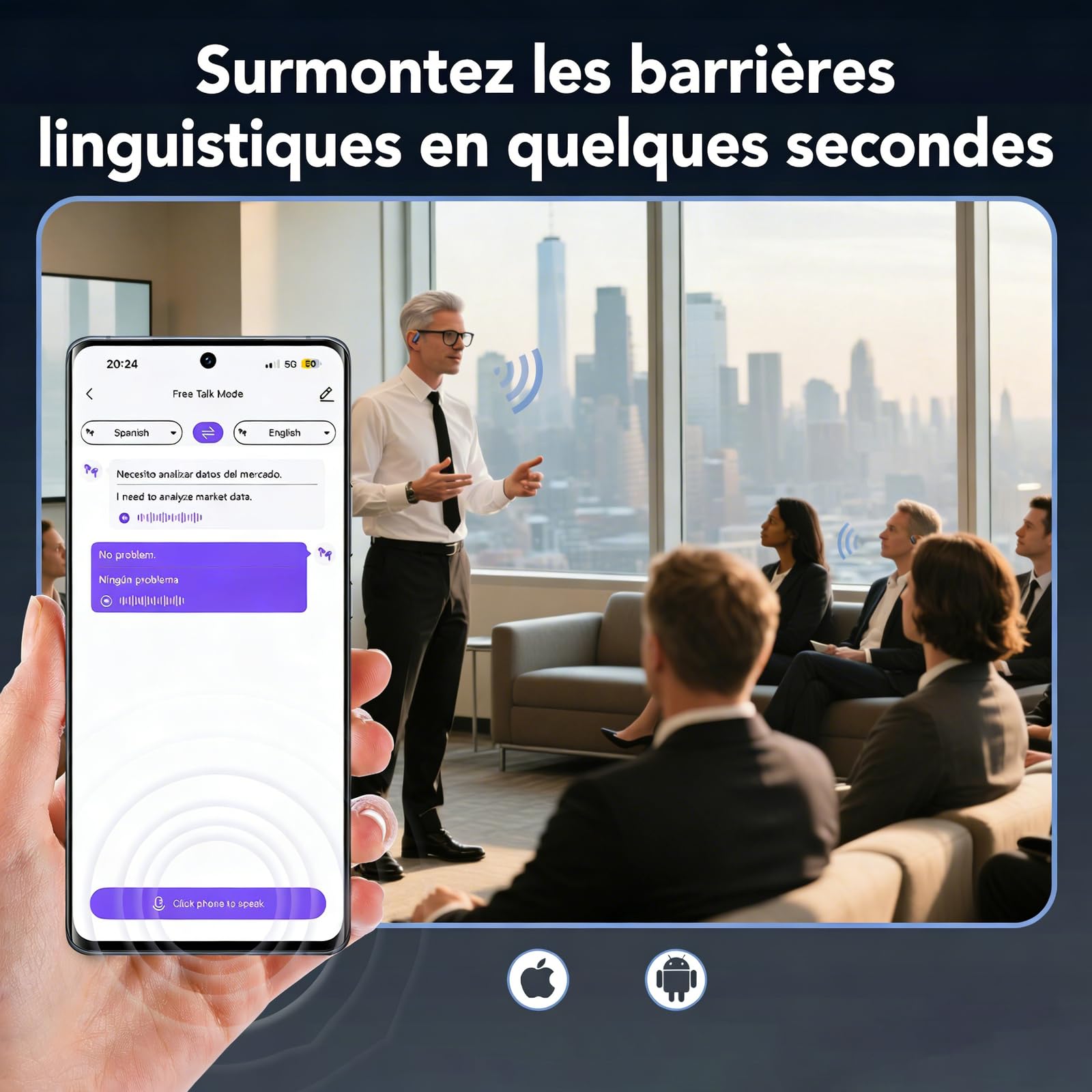 NE27 Ecouteur Traducteur Instantané, Écouteur Traducteur Pour 134 Langues Avec Écran Tactile LCD, Oreillette Traduction Instantanée À Oreille Ouverte, Pour Les Voyages, Les Affaires Et L'Apprentissage