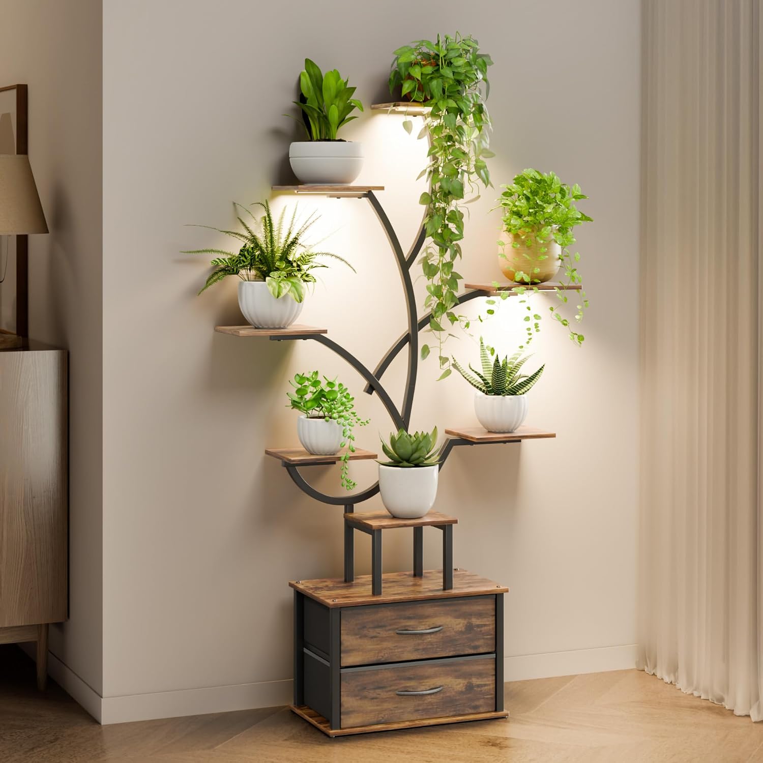 Mondeer Plant Stand with Grow Lights, 9-Tier 63" Tall Corner Plant Shelf Indoor with 2 Storage Drawers, Adjustable Brightness & Timer, Modern Plant Display Rack for Living Room, Home Patio, Balcony