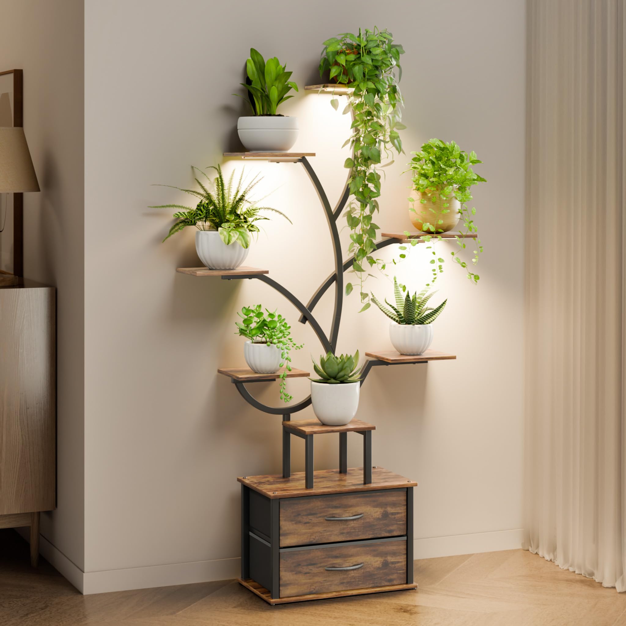 Mondeer Plant Stand Indoor with Grow Lights, 9-Tier 160cm Tall Corner Plant Shelf with 2 Storage Drawers, Modern Flower Stand Holder for Living Room, Home Patio, Balcony, Rustic Brown and Black