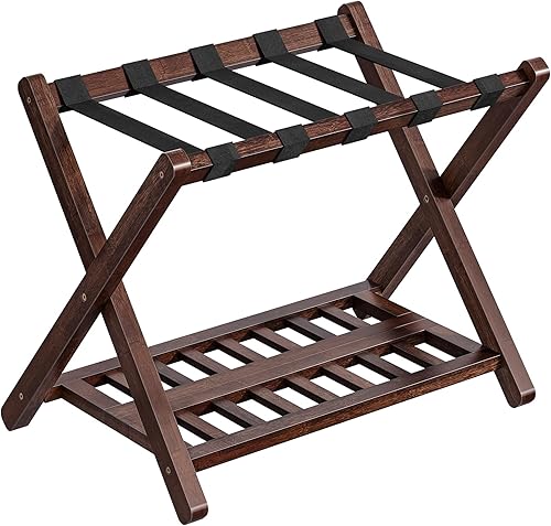 Miniatura 10 de HOOBRO Portaequipajes, juego de 2 soportes de bambú para maleta, portaequipajes plegables, correa de nailon con parte superior, para habitación de