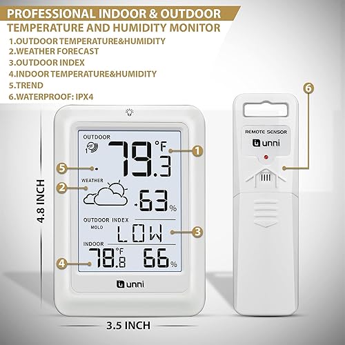 Miniatura 5 de Termómetro para interiores y exteriores, estación meteorológica inalámbrica, monitor de temperatura y humedad alimentado por batería, termómetros