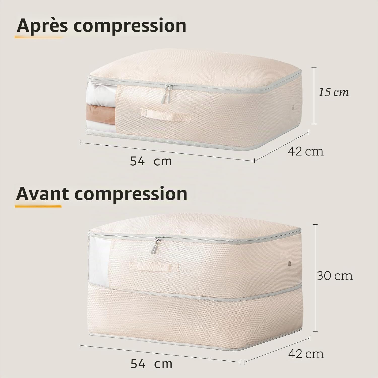 DIMJ Sac de Compression - Housse de Rangement Vetement Couette Lot de 4, avec Poignées Renforcées, Organisateur D'auto-Compression pour Couettes, Vêtements, Oreillers, Linge de Lit, Beige