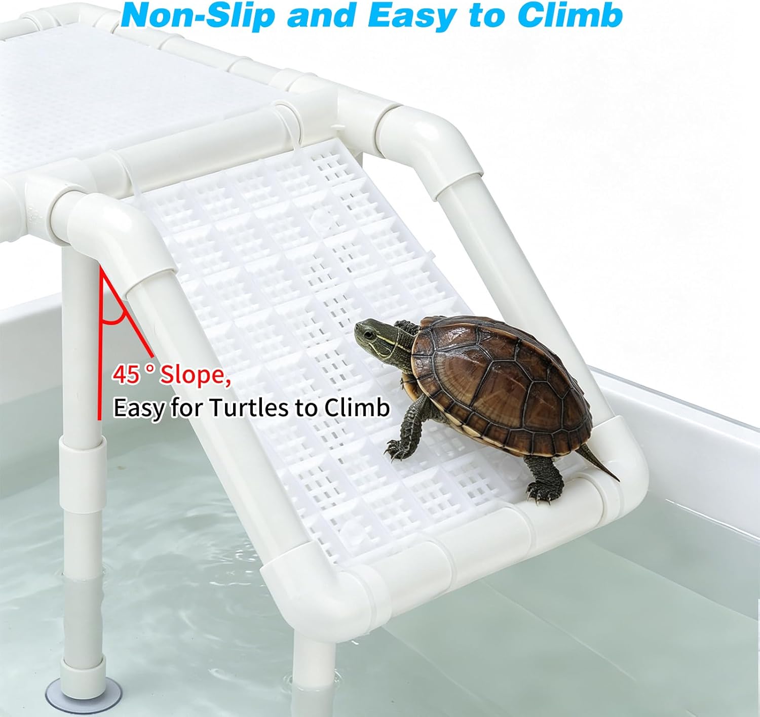 SKARUS White Adjustable Standing Turtle Basking Platform (6.49"-15.16" H) – 10.8"×8.7" Suspended Aquarium Dock with Offset Non-Slip Ramp, Above Water Dry Area for 20–55 Gallon Tanks