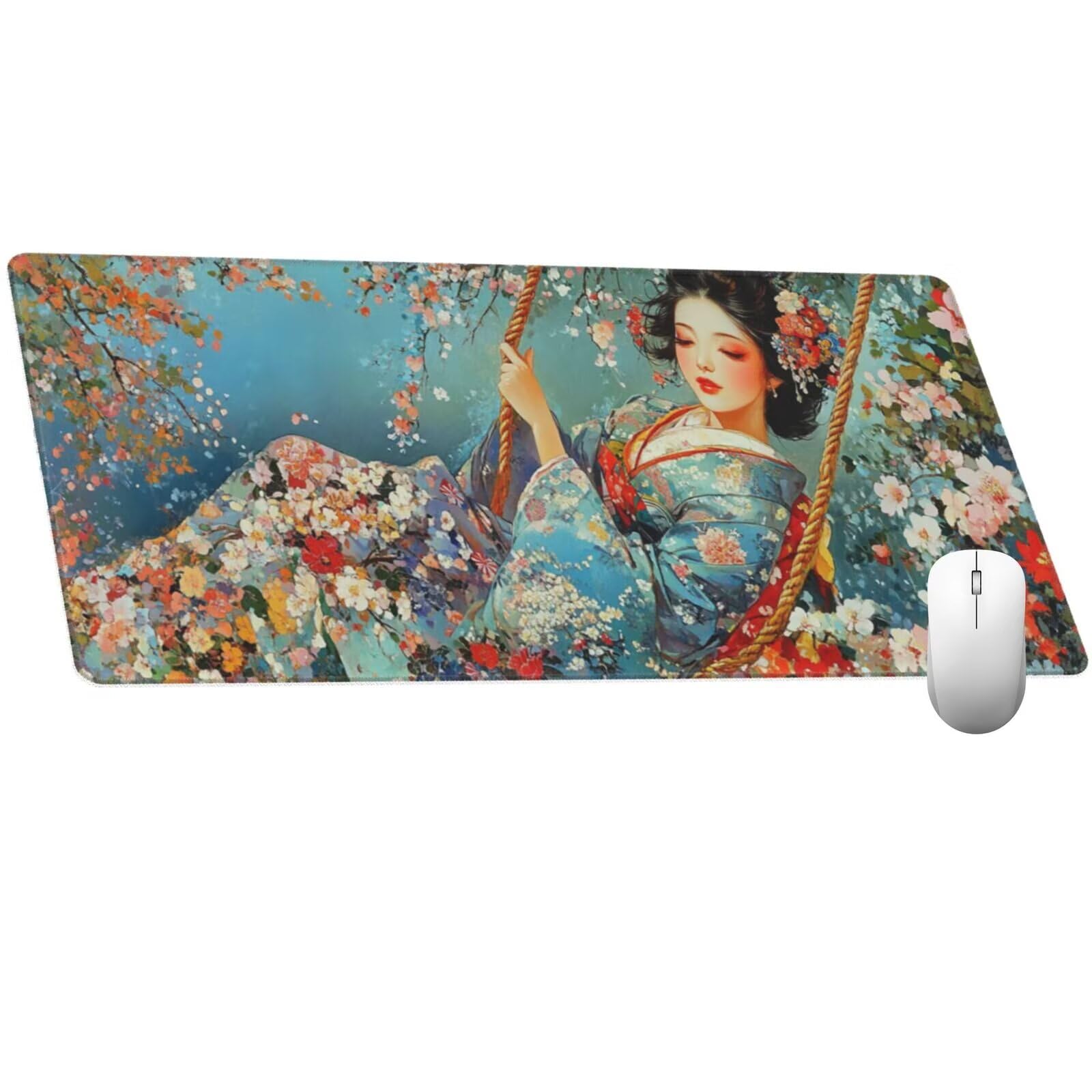Alfombrilla Ratón Mujer Japonesa Alfombrilla Ratón XXL 1600 x 800 mm, Flor Mouse Pad Gaming con Bordes Cosidos, Base de Goma Antideslizante Duradera, Mouse Pad para Oficina Accesorios Escritorio Q880