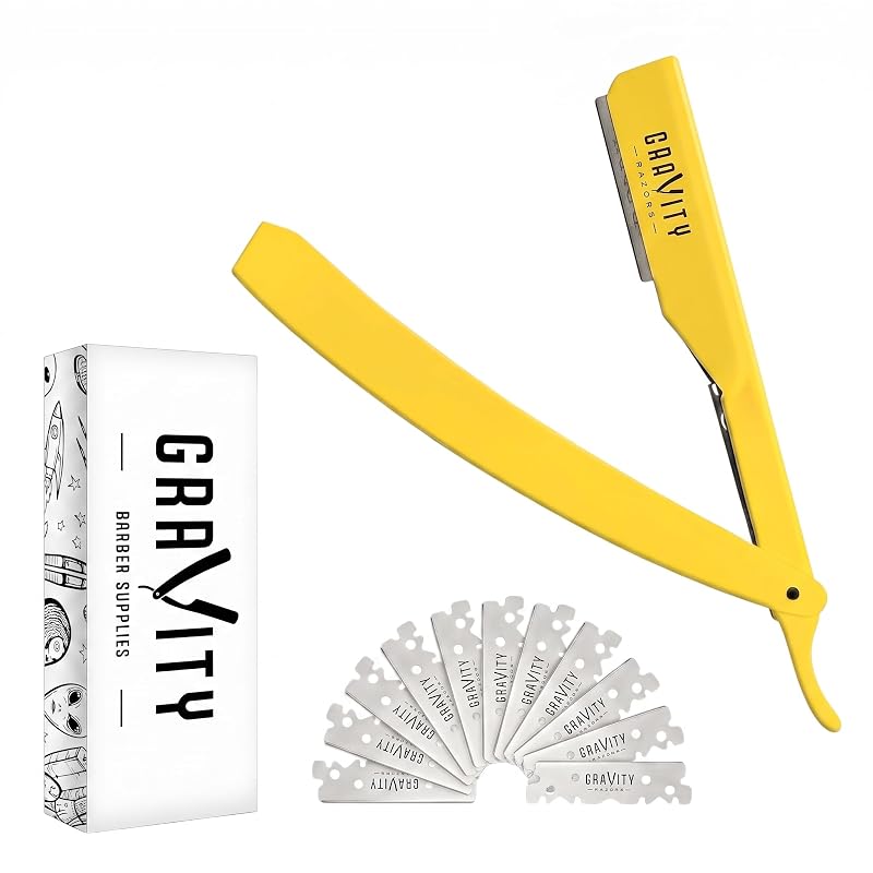 Navalha GRAVITY RAZORS Straight Razor 1 amarela com exposição de 2 mm e 10 lâminas Derby