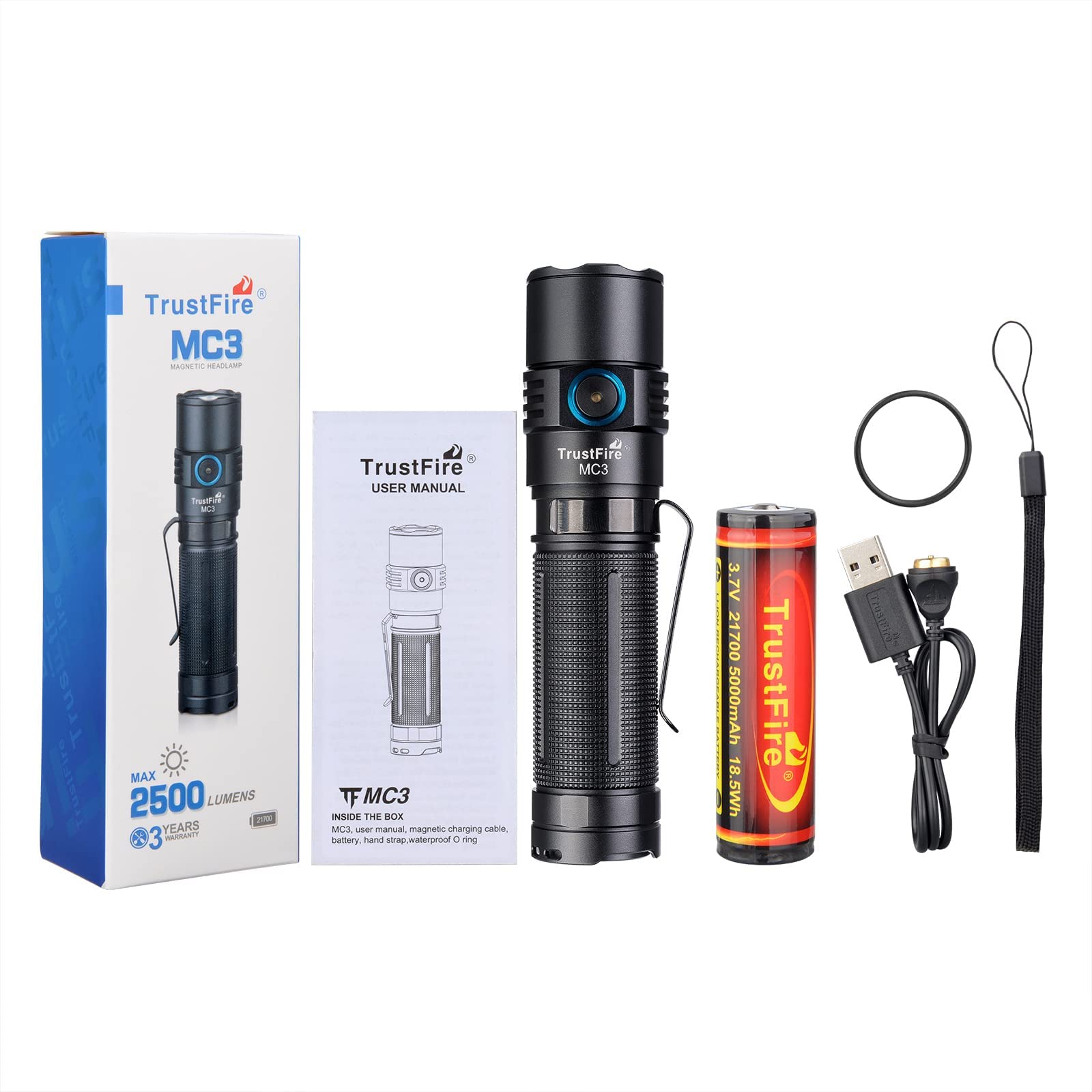 Linternas LED Alta Potencia 2500 lúmenes, TrustFire MC3 Linterna Táctica Militar Caza Profesional,LED XHP50, IP68 Impermeable, Linterna Imán Portátil Recargable para Emergencia Camping Senderismo