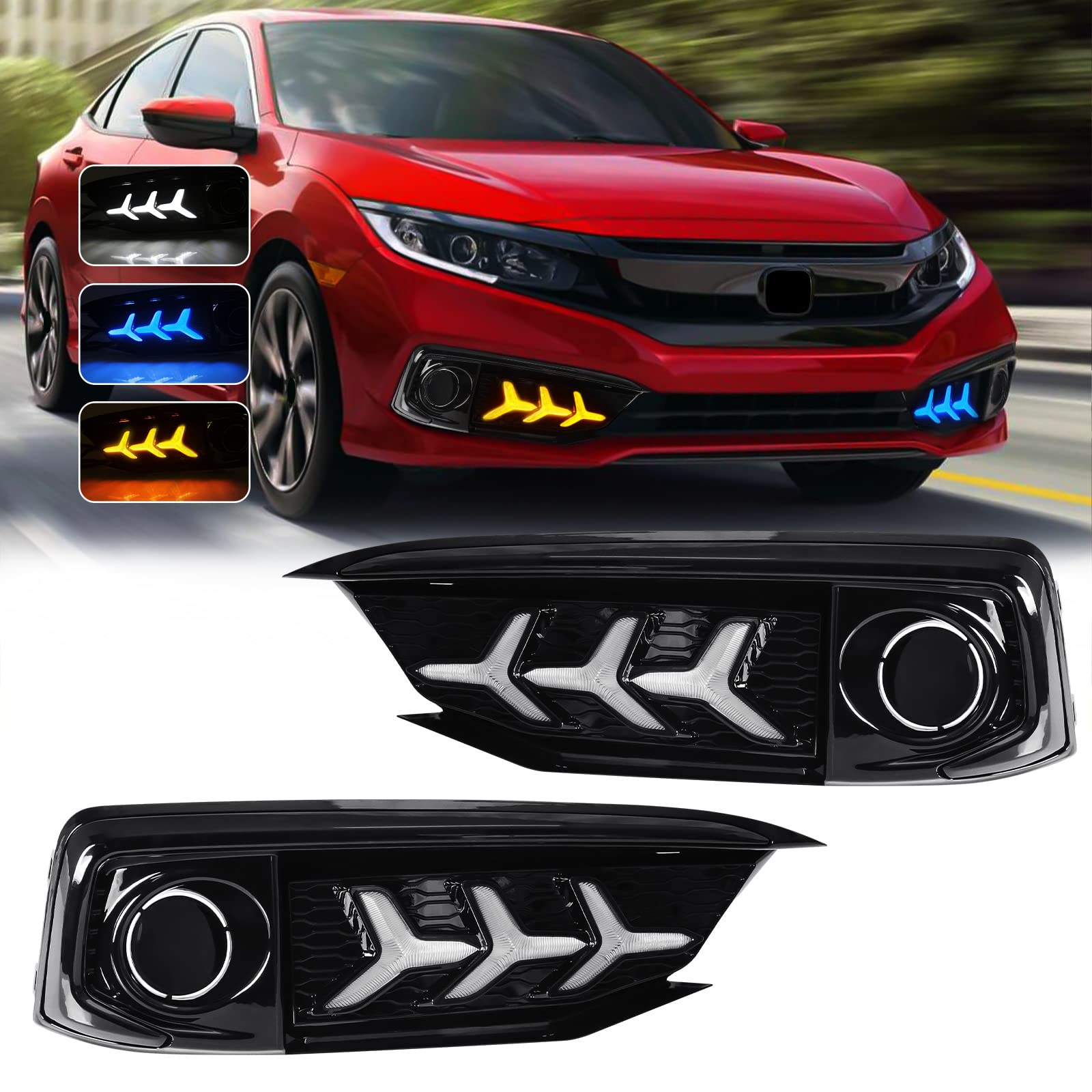 VGETTING Daytime Running Light For Honda Civic 2019 2020 Fog Lights DRL Sequential Turn Signal Lamp Tri-Colors LED Driving with Bezel + Wire Harness black CIVIC DRL